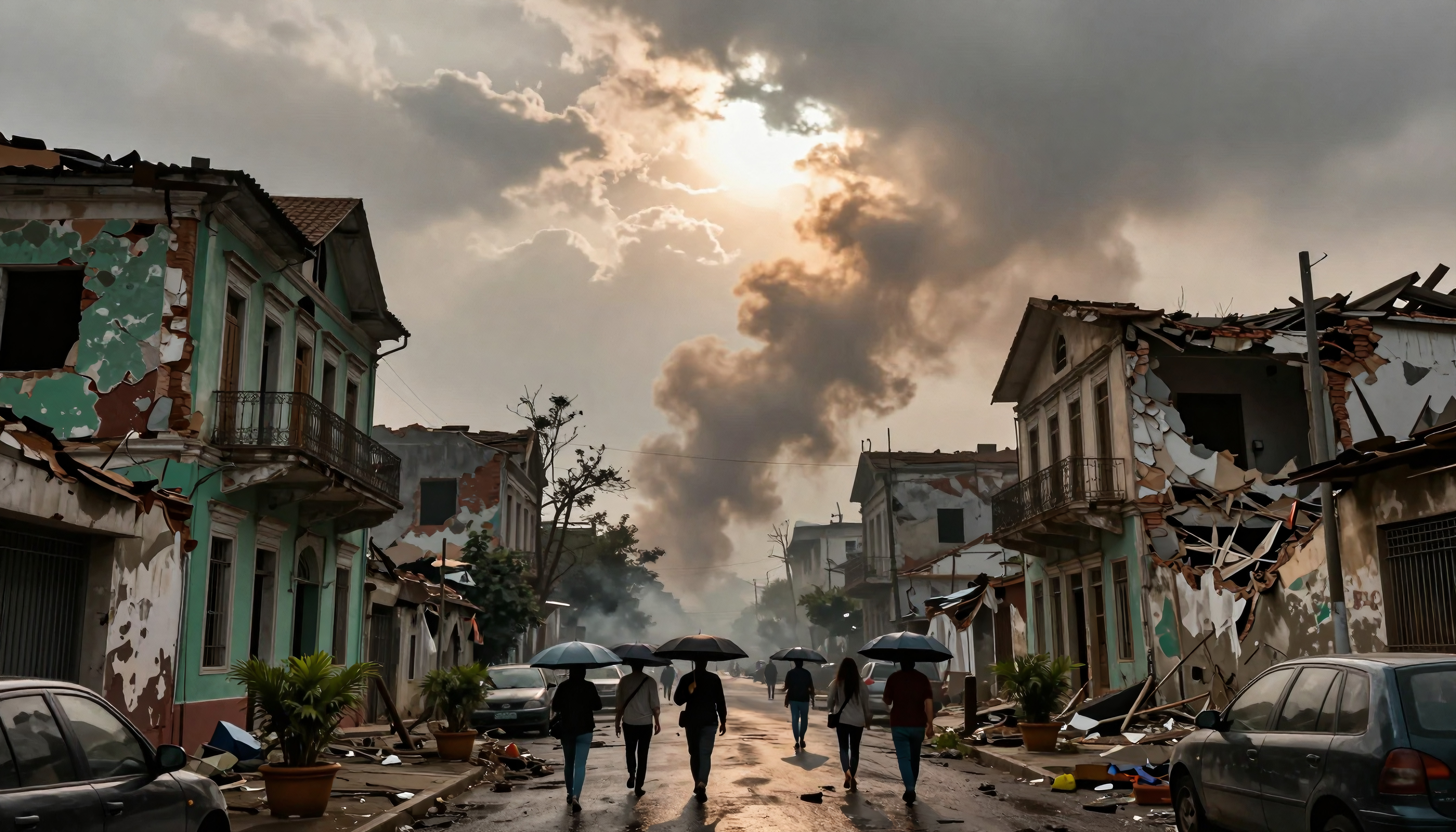 Destruction after conflict: survivors walk through ruined urban street under smoke-filled sky