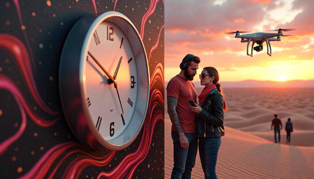 Timepiece beside desert sunset scene with couple, drone, and travelers