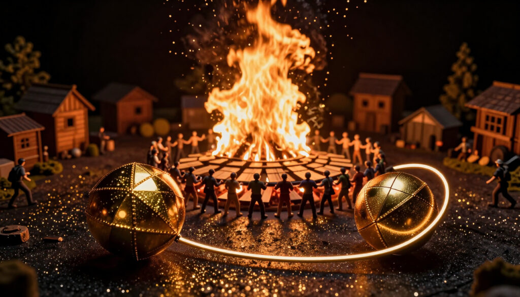 Figurines Gather Around a Central Fire Pit at Night, Symbolizing Community and Opportunity