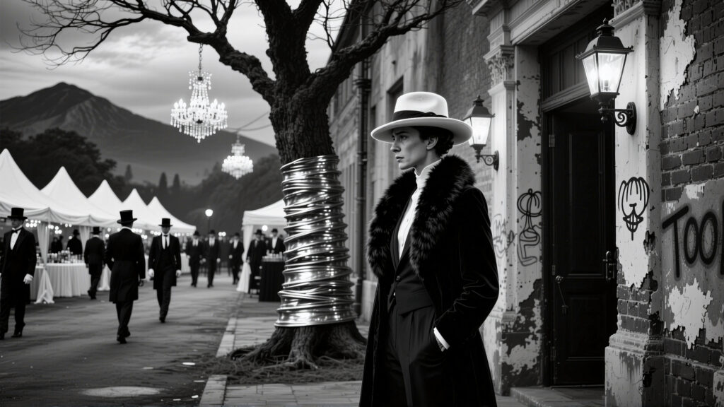 Vintage Street Scene with Formal Attire and Urban Elements