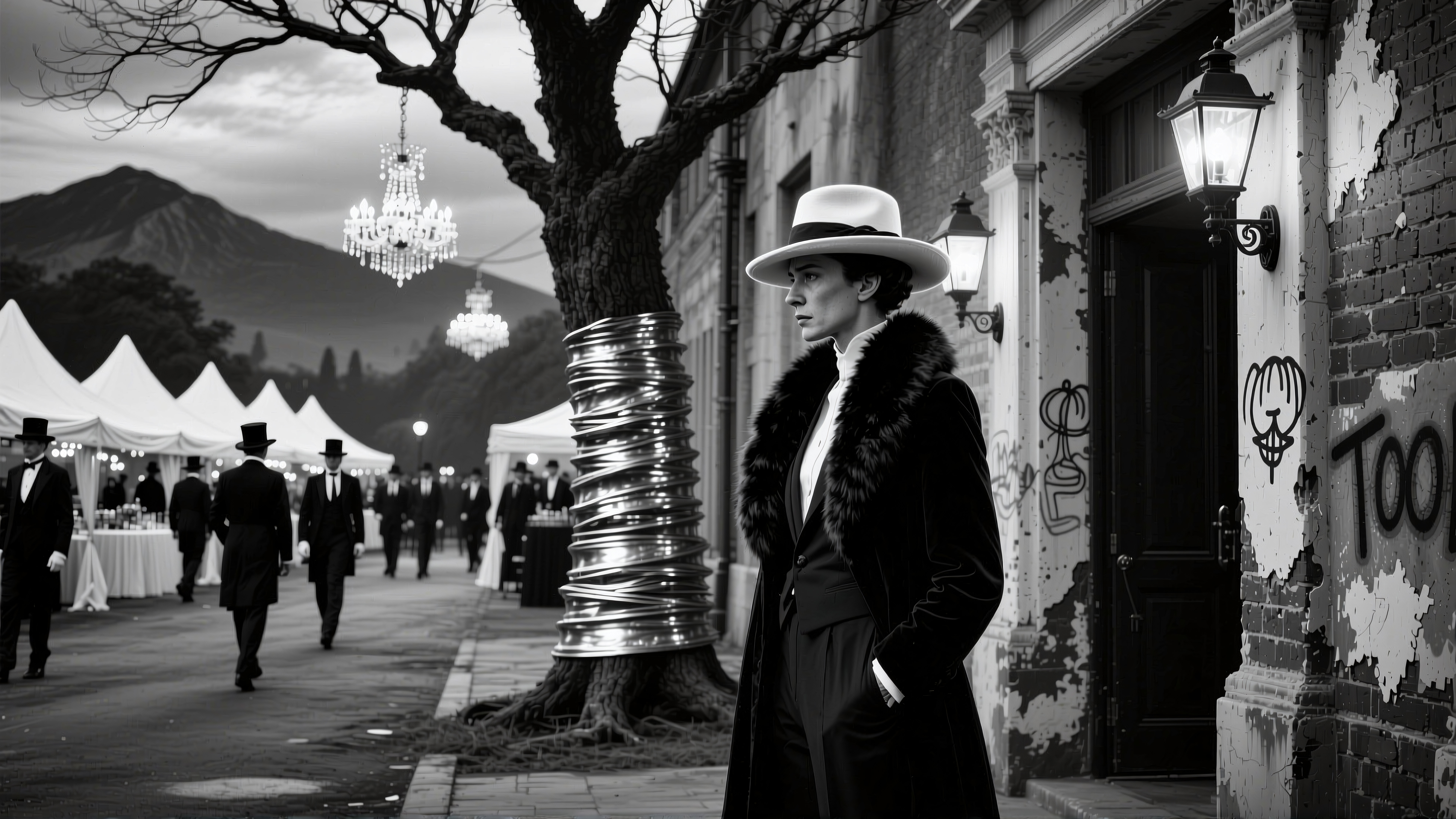 Vintage Street Scene with Formal Attire and Urban Elements