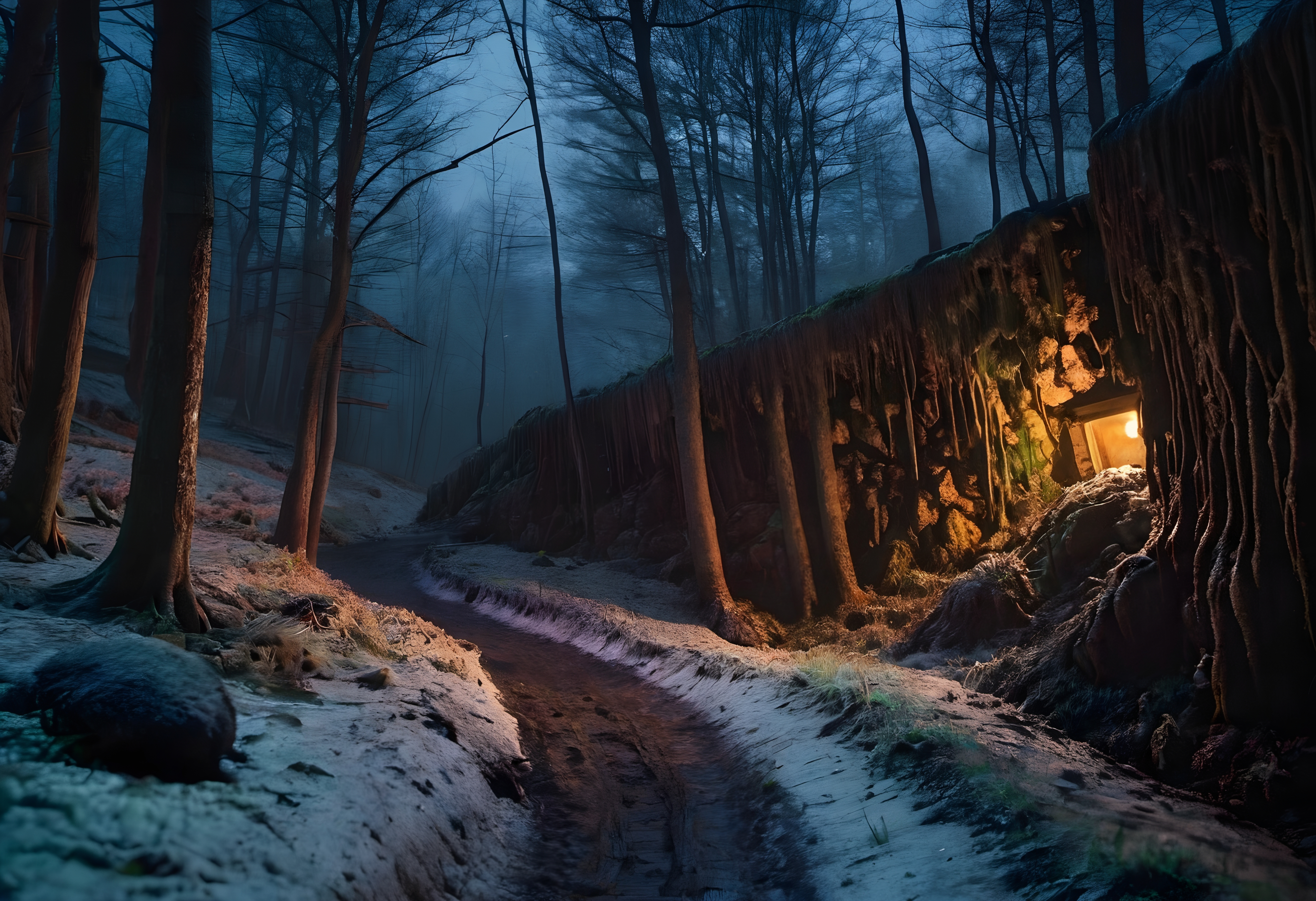 Misty Forest Path with Illuminated Cave Entrance