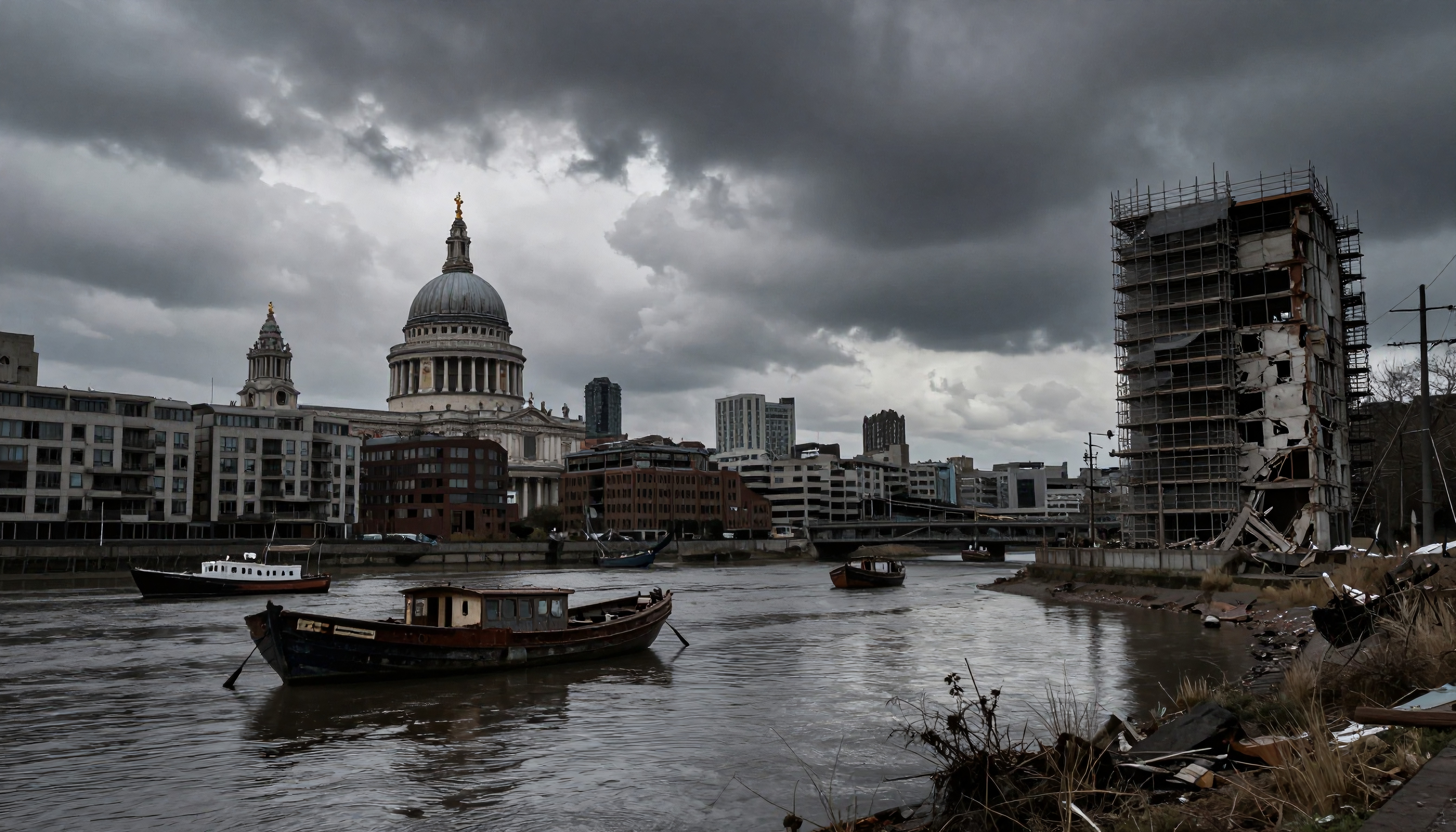London River Scene with St. Paul's Cathedral Under Cloudy Skies
