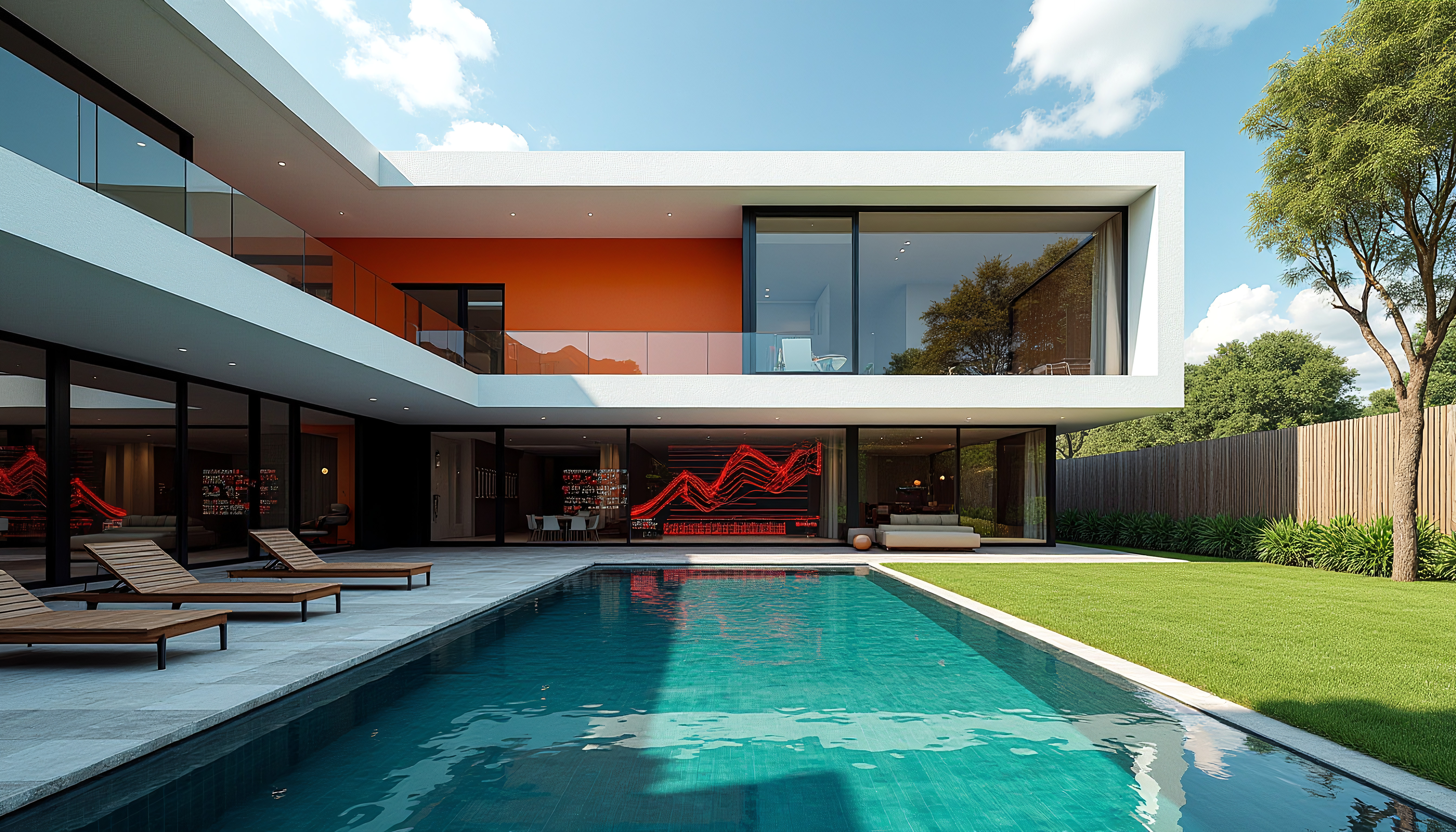 Modern luxury villa with infinity pool and vibrant orange interior