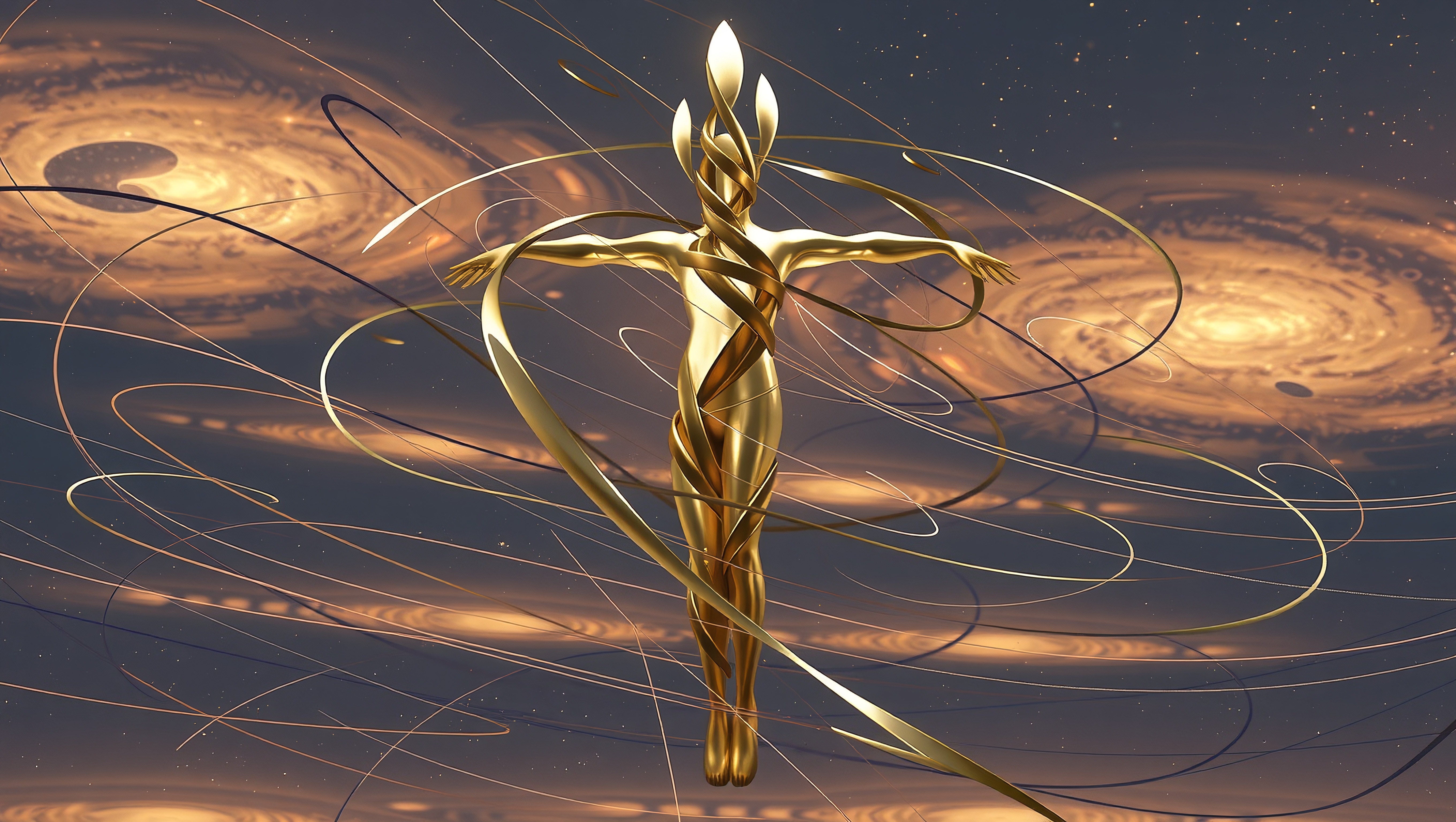 Golden Abstract Humanoid Figure Amidst Cosmic Spiral Galaxies