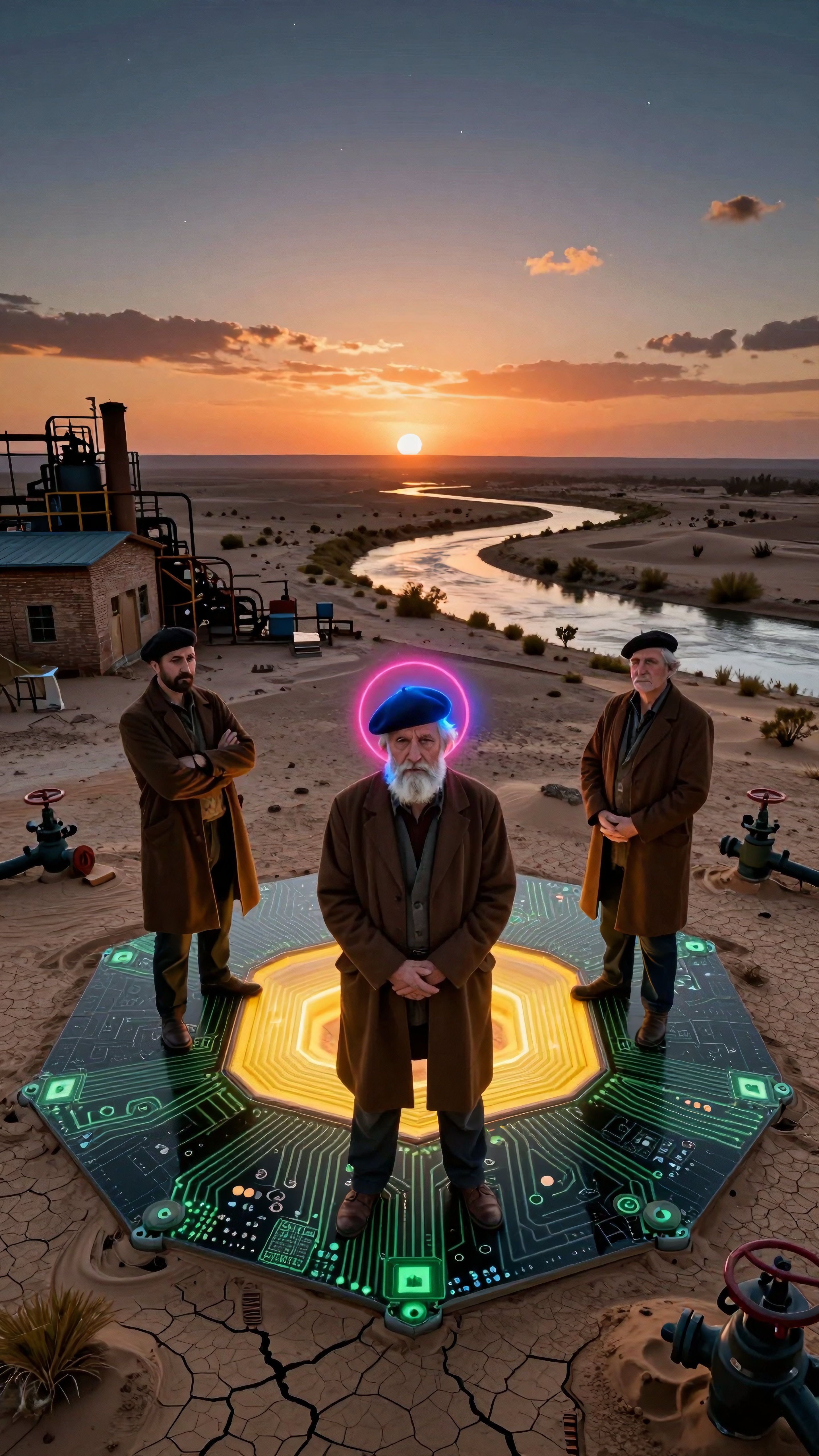 Three Men on Glowing Hexagon Platform in Desert Sunset with Industrial Landscape