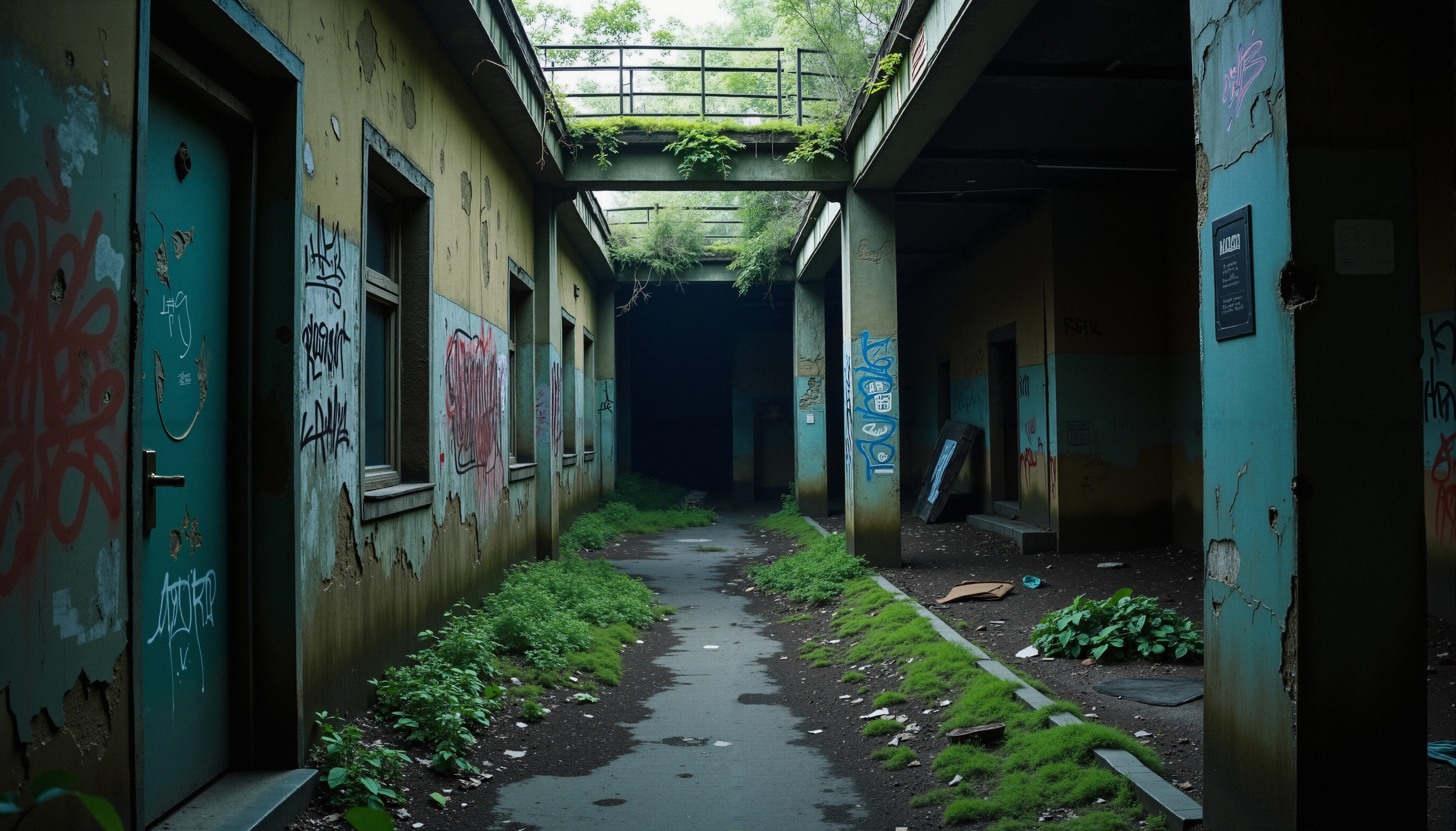 Abandoned Urban Courtyard with Graffiti and Overgrown Plants