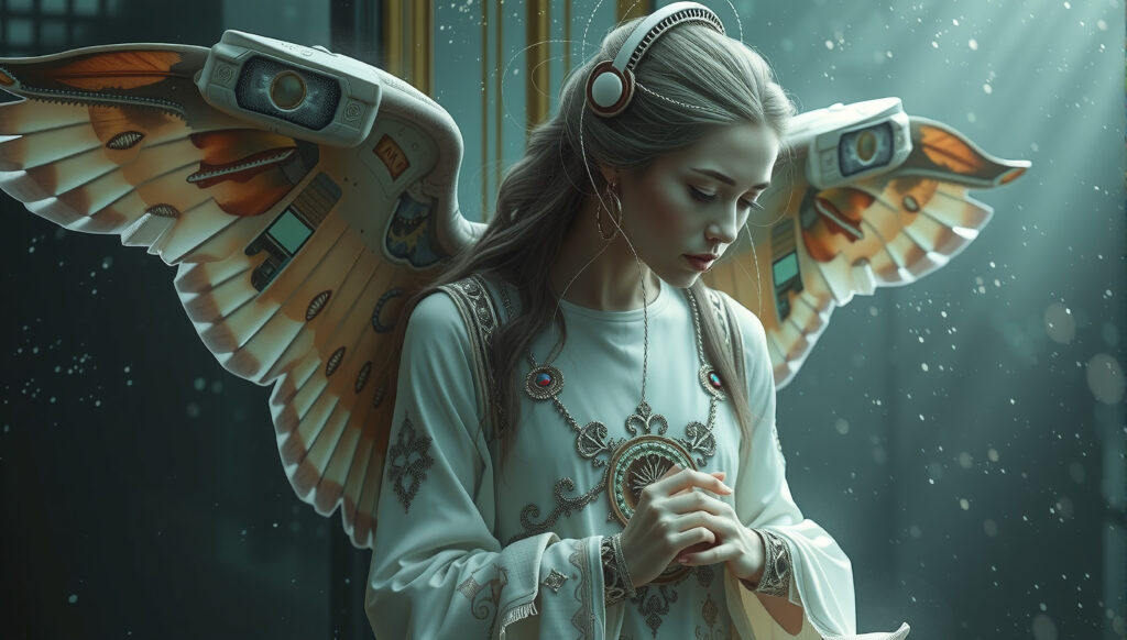 Futuristic angel with cybernetic wings and headgear in serene tech setting
