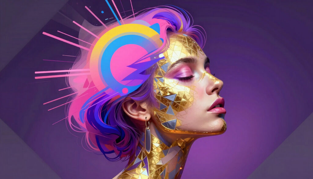 Futuristic Geometric Portrait of Woman with Golden Facet and Neon Hair