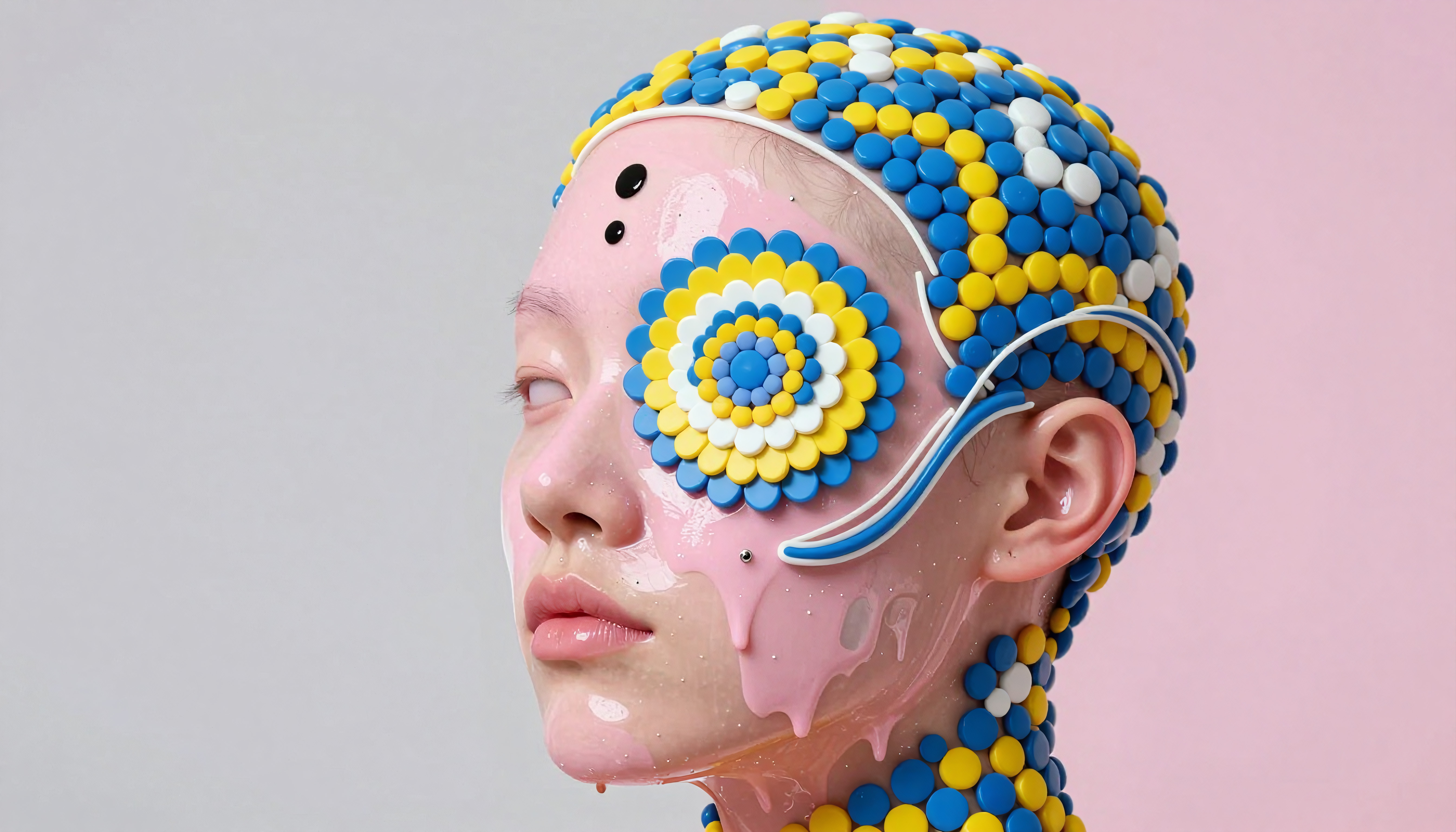 Artistic Body Art with Colorful Circular Elements and Pink Liquid Drips