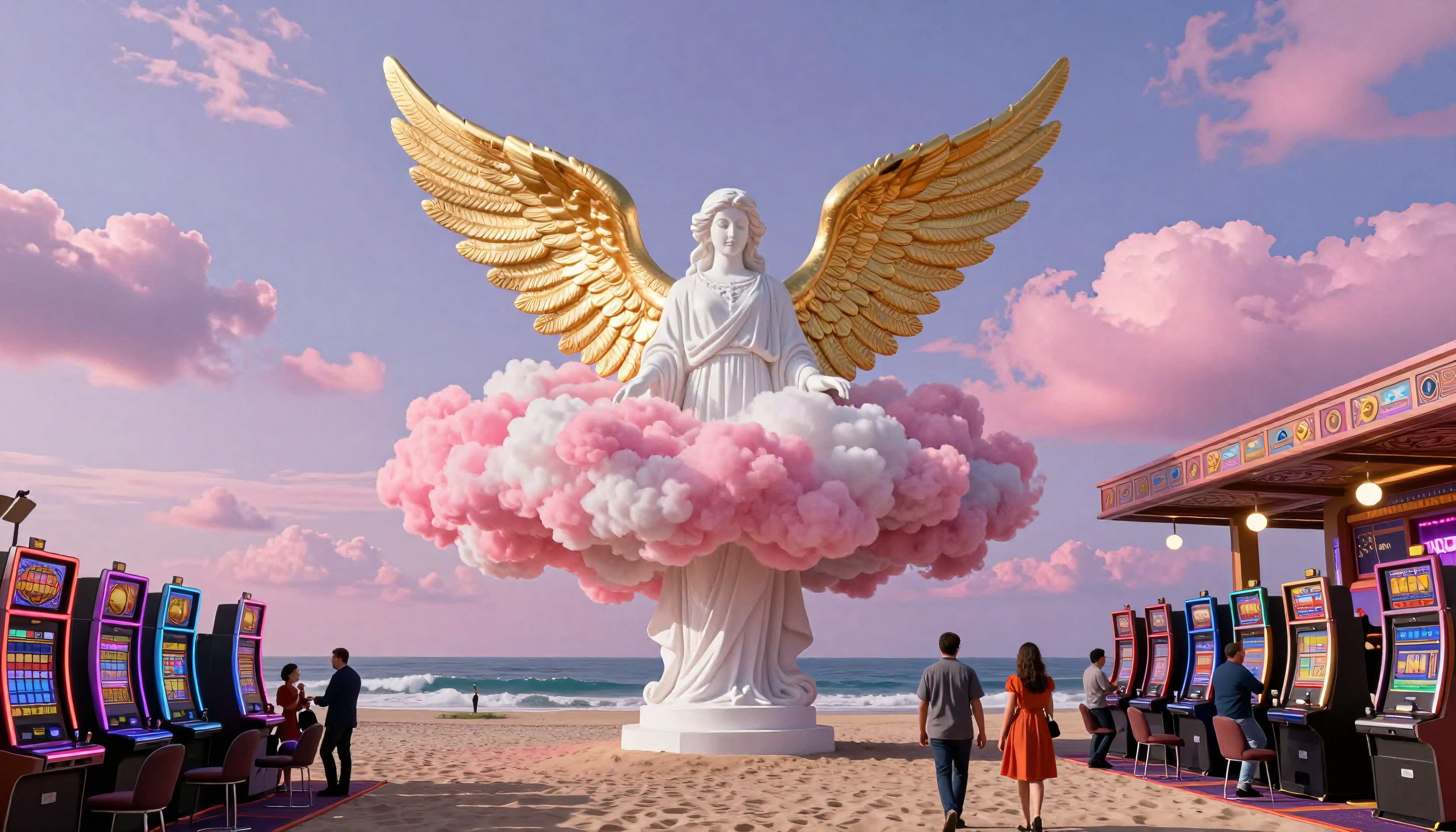 Surreal Beach Scene with Golden Angel Statue and Slot Machines
