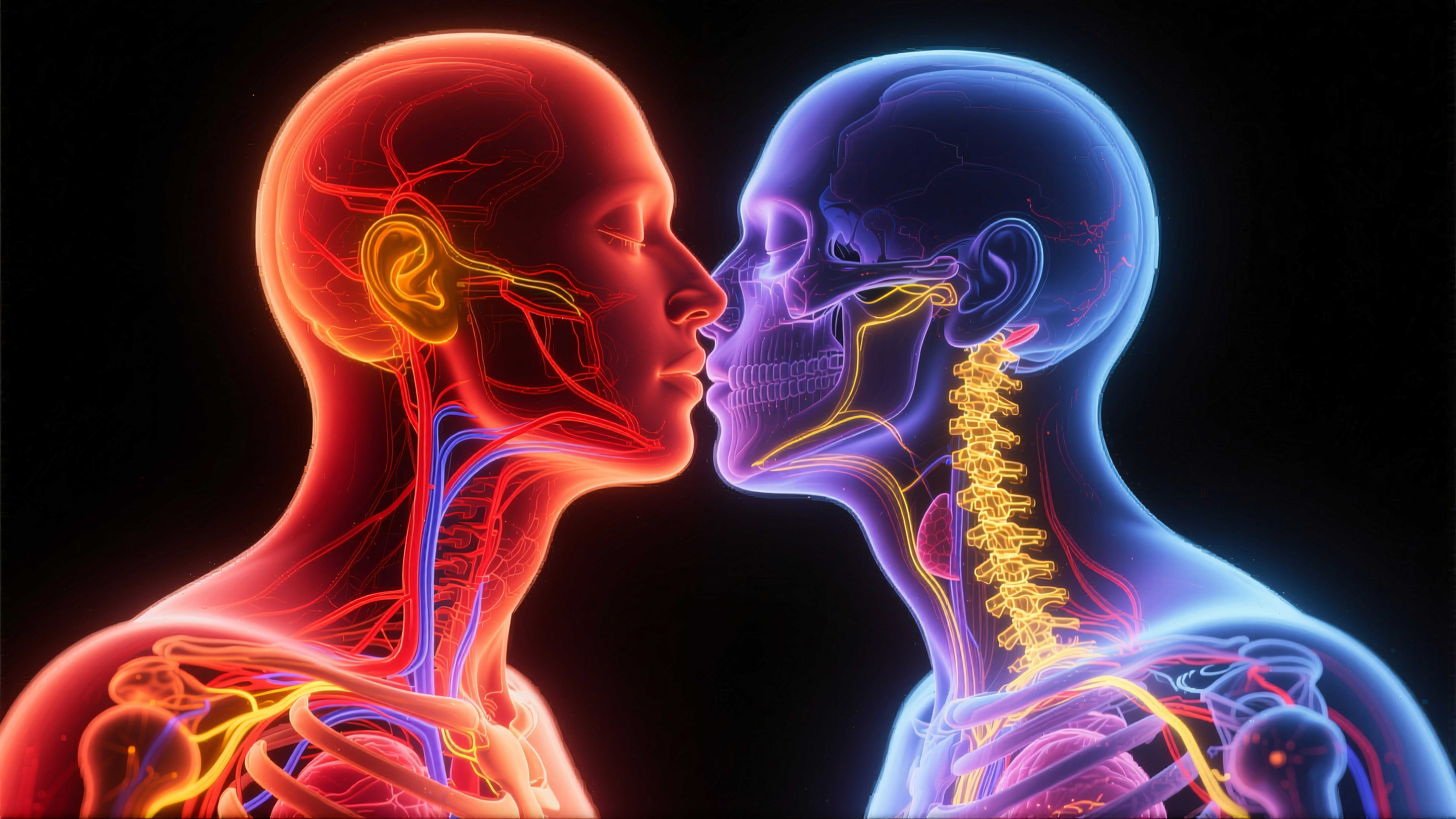 Anatomical Human Figures Kissing with Glowing Neural Networks and Skeletal Structure