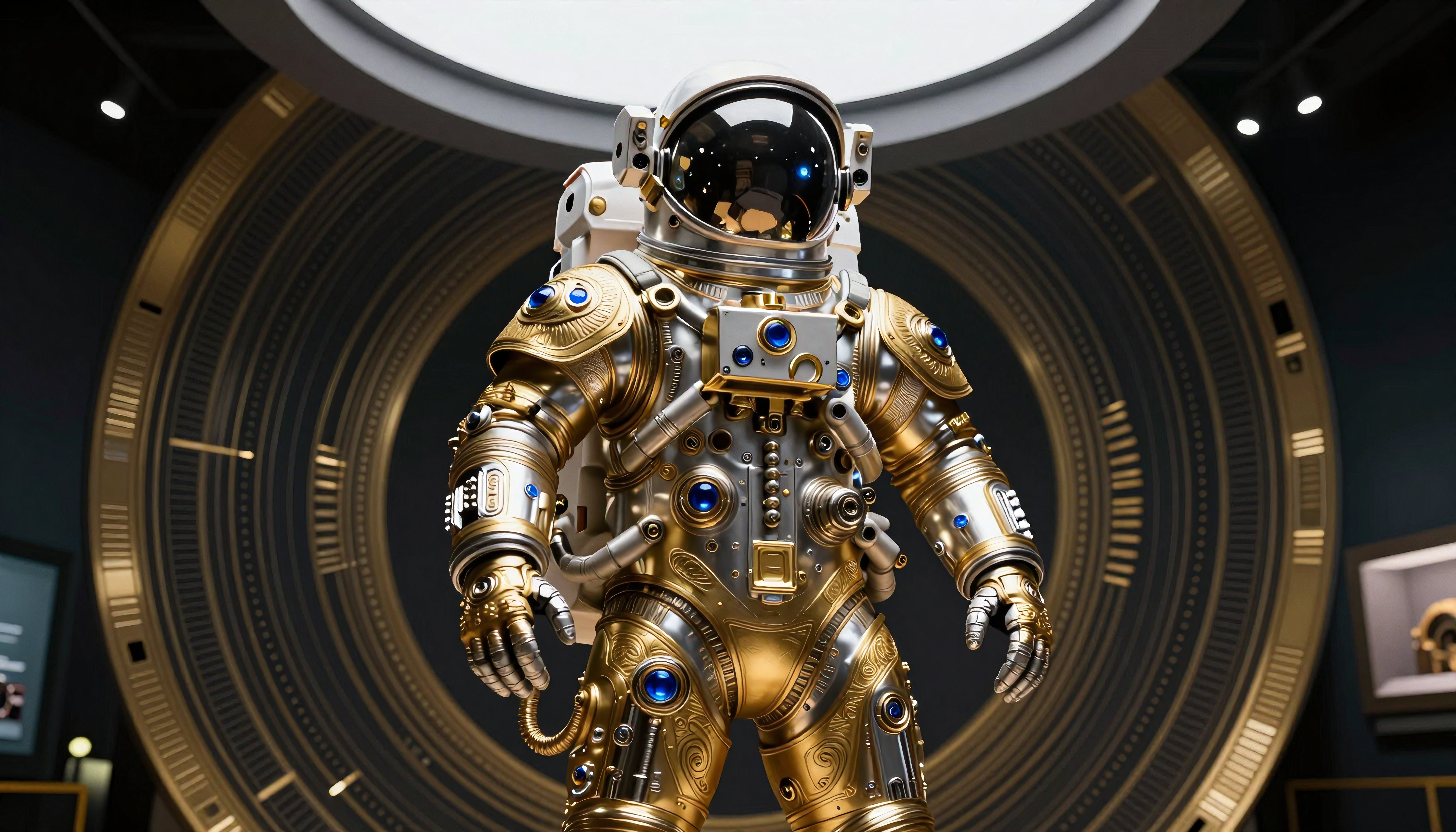 Golden Robotic Astronaut in Futuristic Indoor Setting