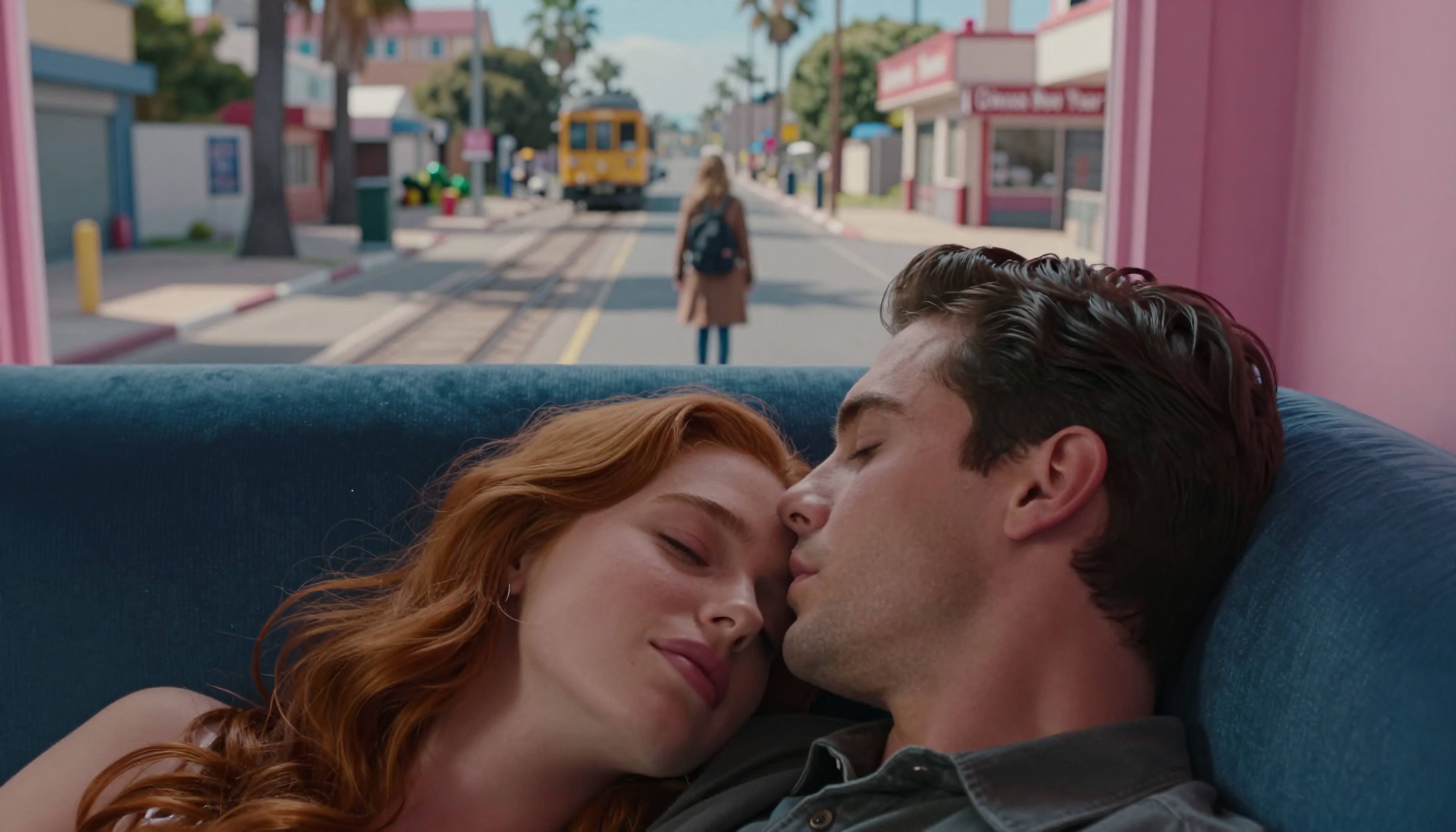 Couple Resting Together on a Sofa with Urban Streetscape in Background