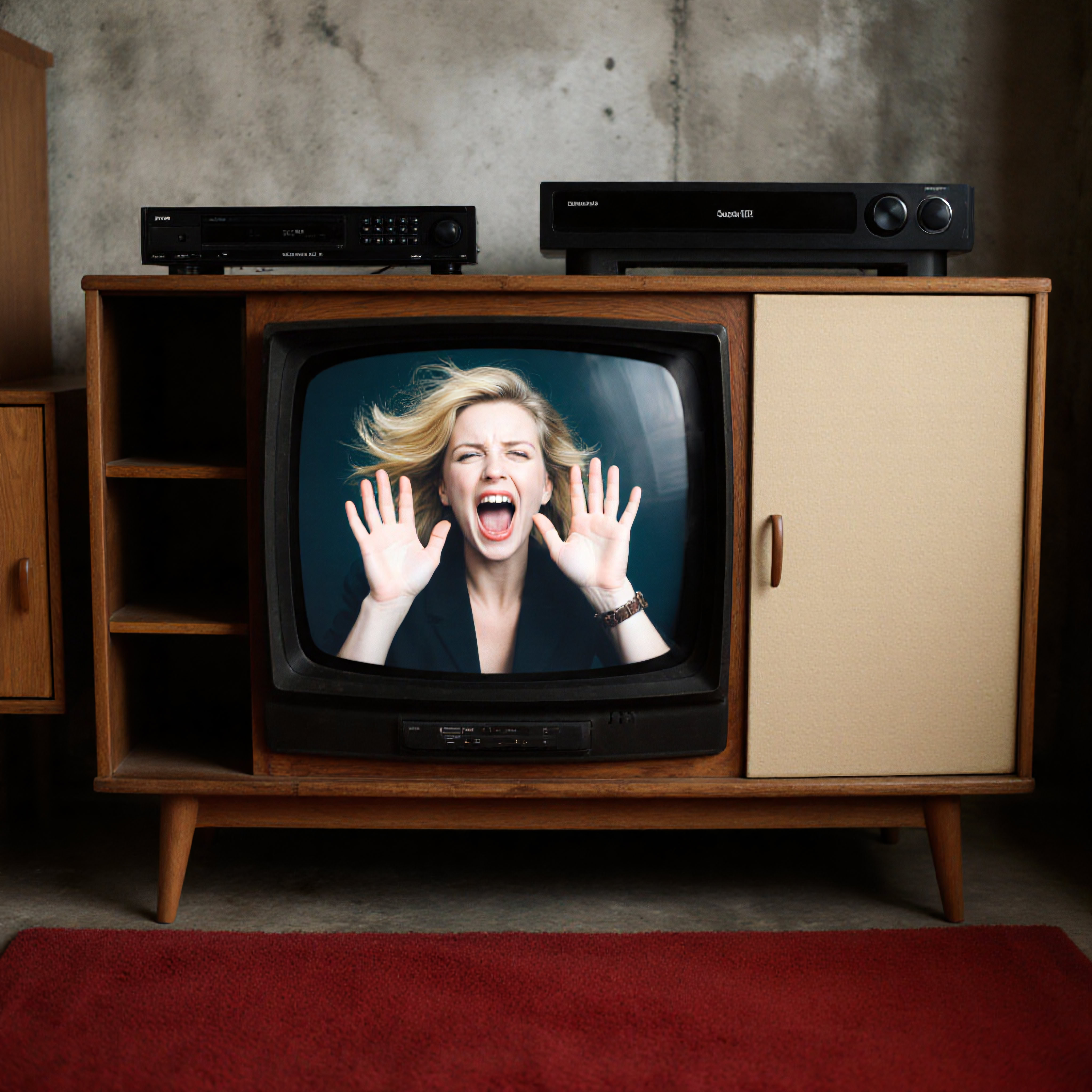 Vintage TV Displaying Emotional Woman in Retro Living Room