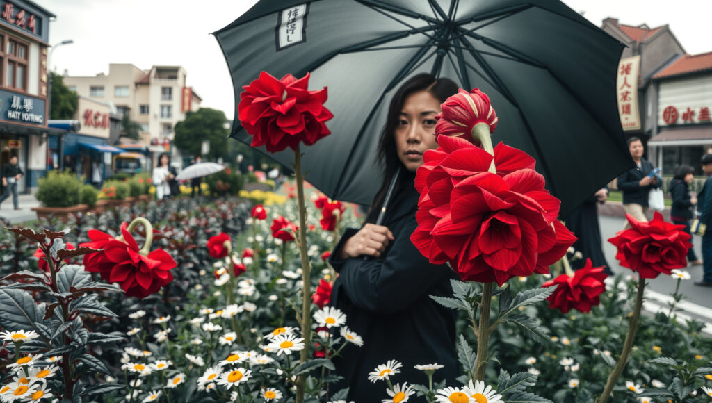 Intrigue in the Flower Market: Portrait under a Rainy Umbrella