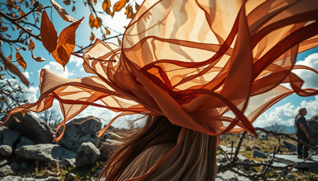 Autumn Silhouette with Flowing Orange Fabric and Dry Leaves