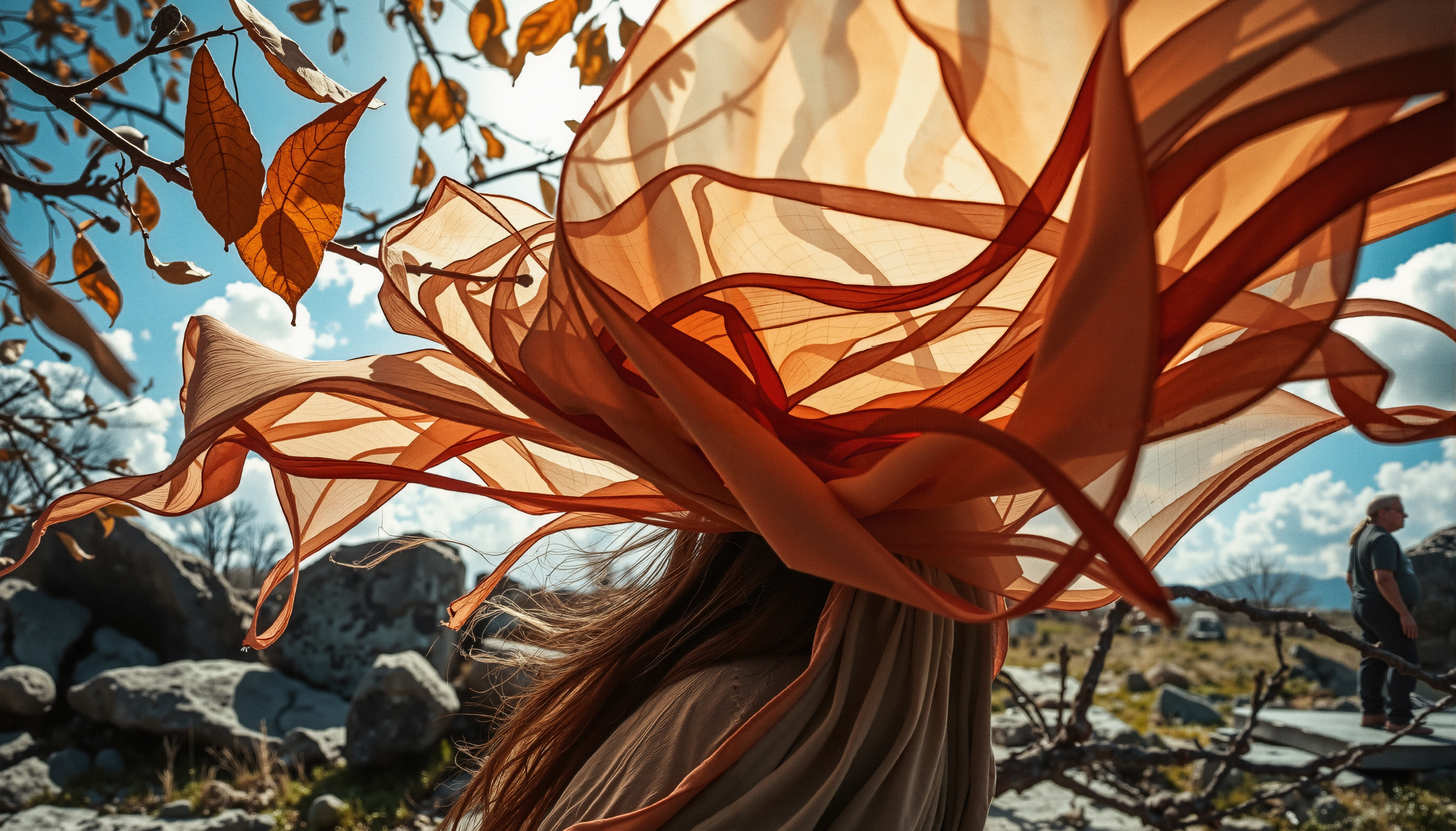 Autumn Silhouette with Flowing Orange Fabric and Dry Leaves
