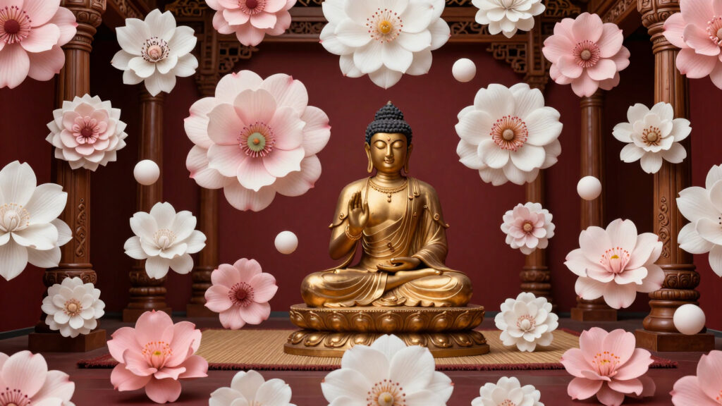 Golden Buddha Statue Amidst Floating Blossoms in Temple Setting