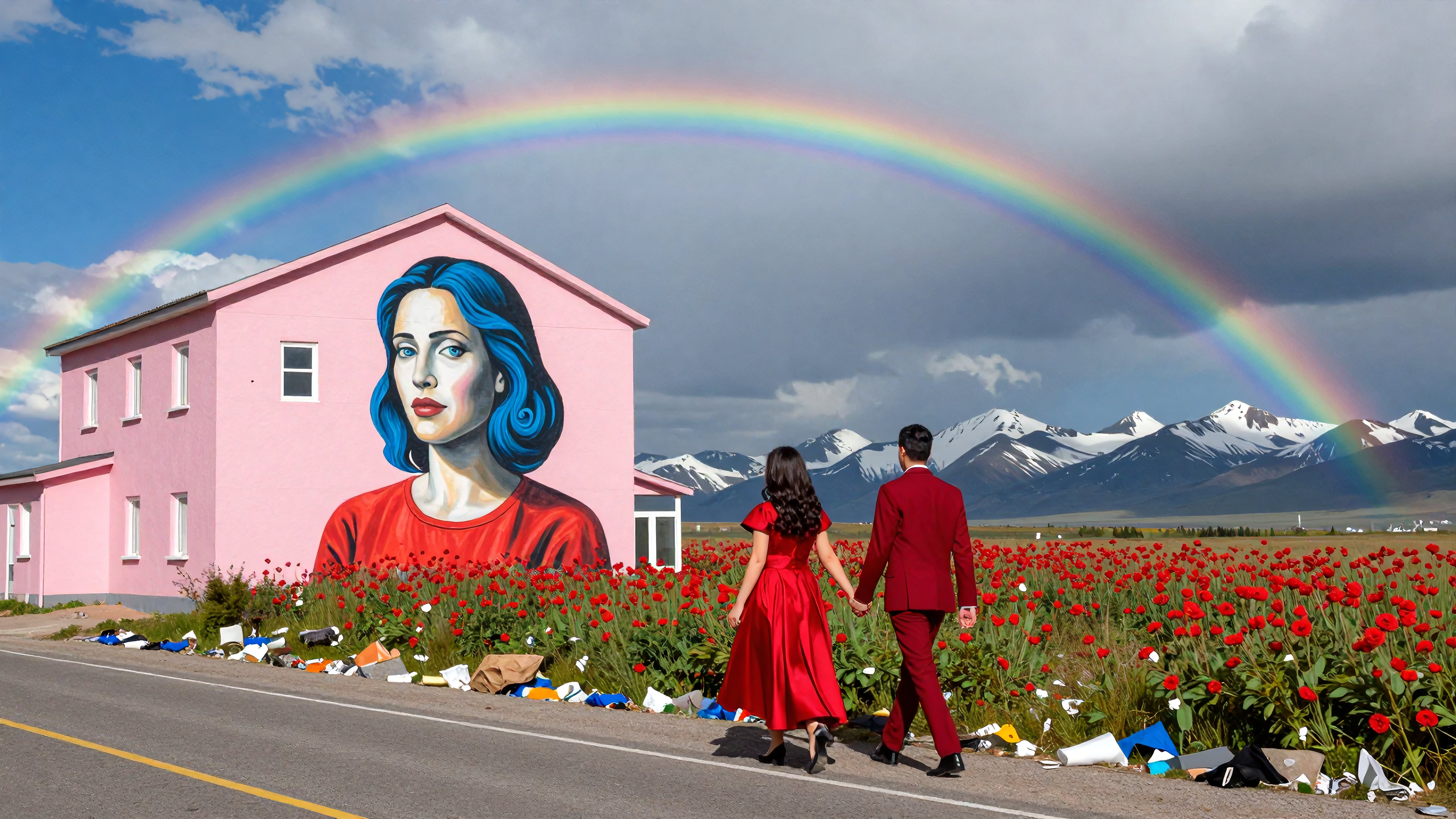 Couple walking in a field of red flowers beneath a vibrant rainbow and painted house