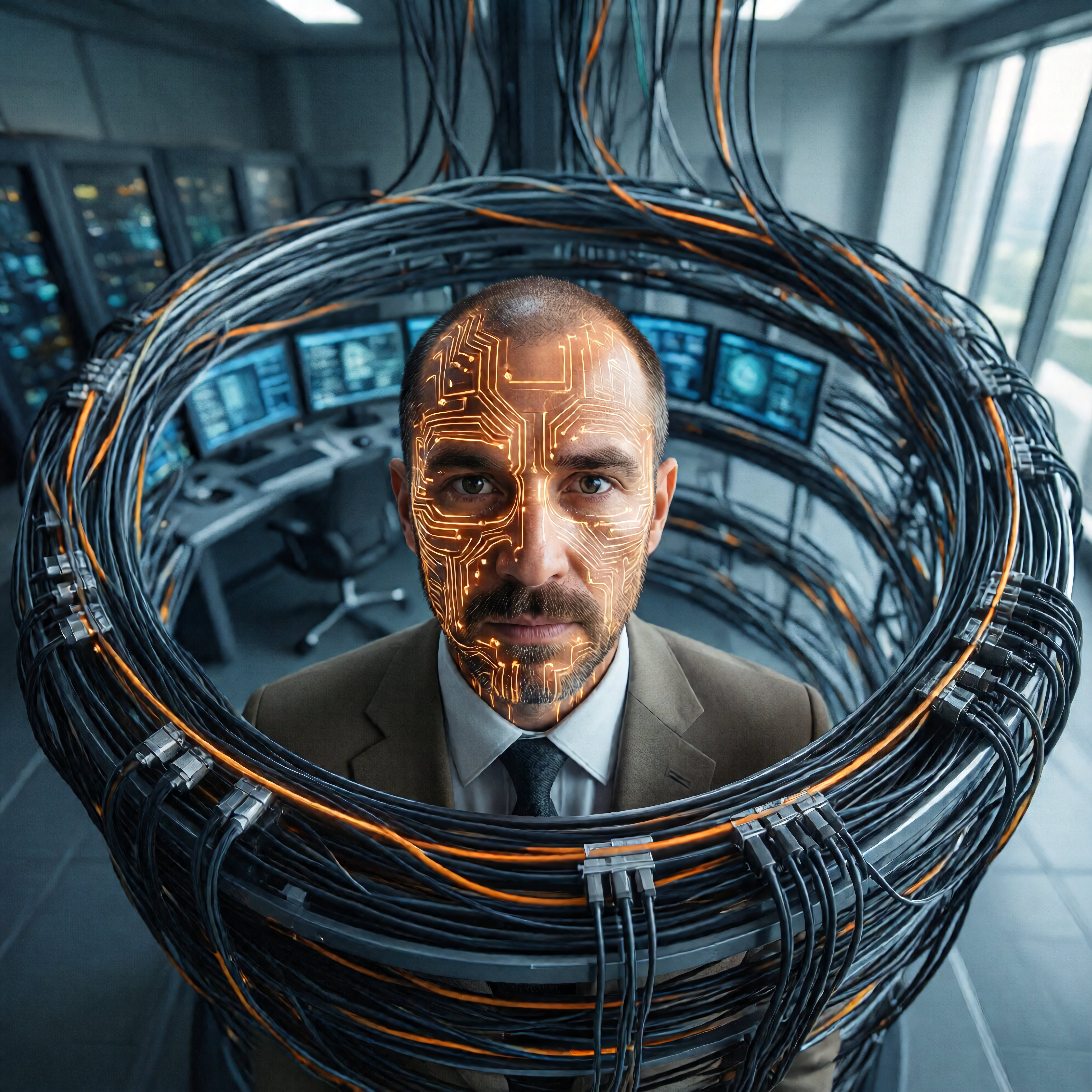 Tech Professional with Glowing Circuit Patterns in Server Room