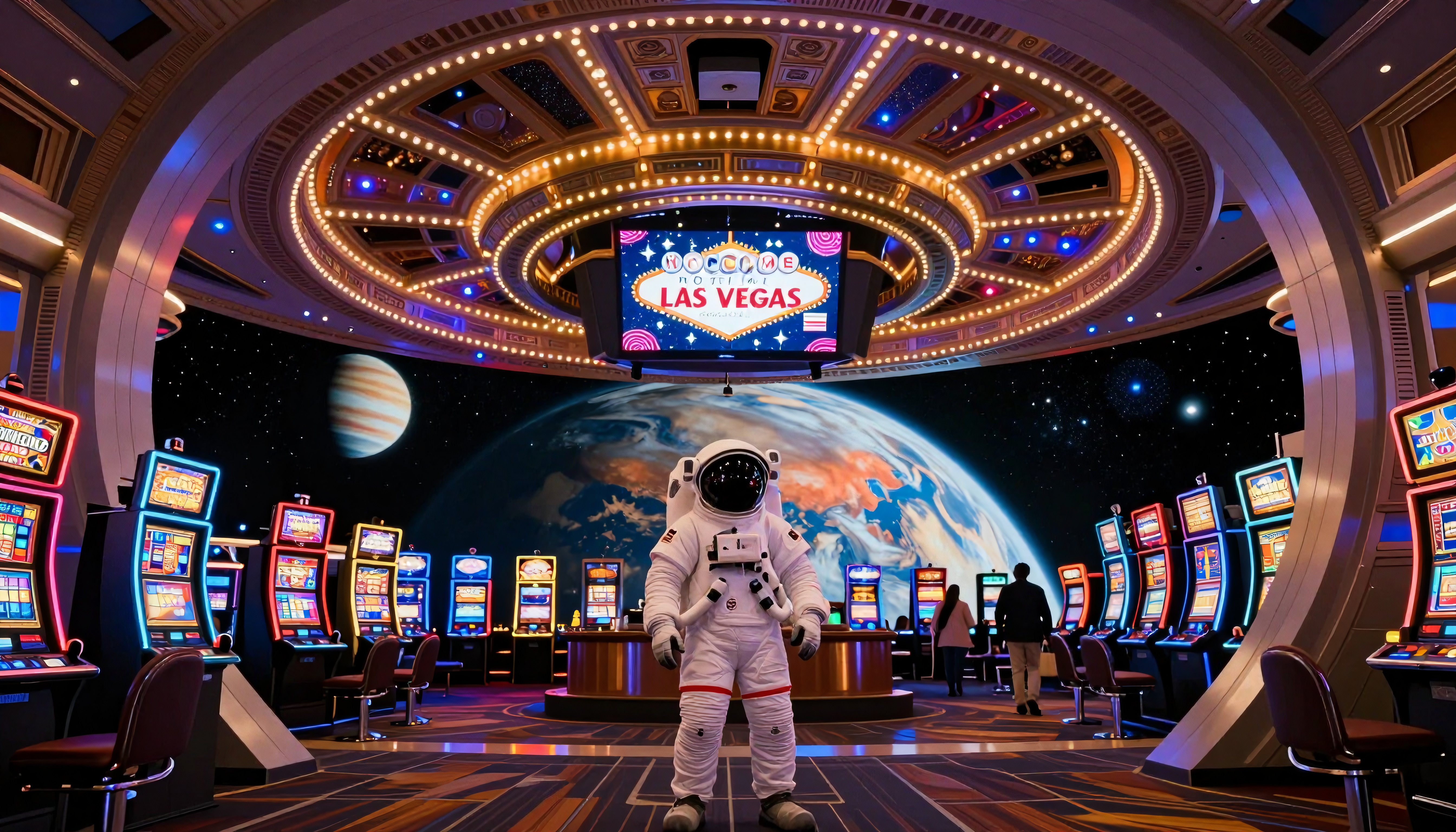 Astronaut in Futuristic Vegas Casino with Cosmic Backdrop