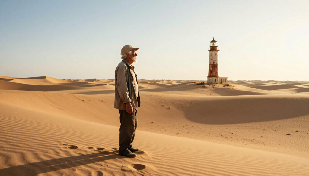 Old Man Gazing at Desert Lighthouse at Sunset