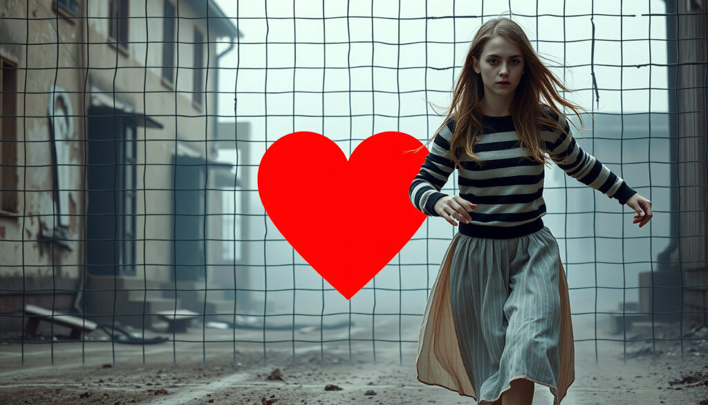 Woman with Red Heart in Urban Fence Scene