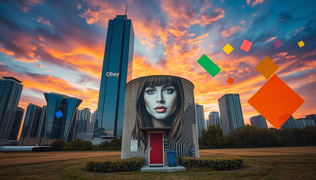 Urban Cyberpunk Mural with 'Obey' Skyscraper and Sunset Cityscape