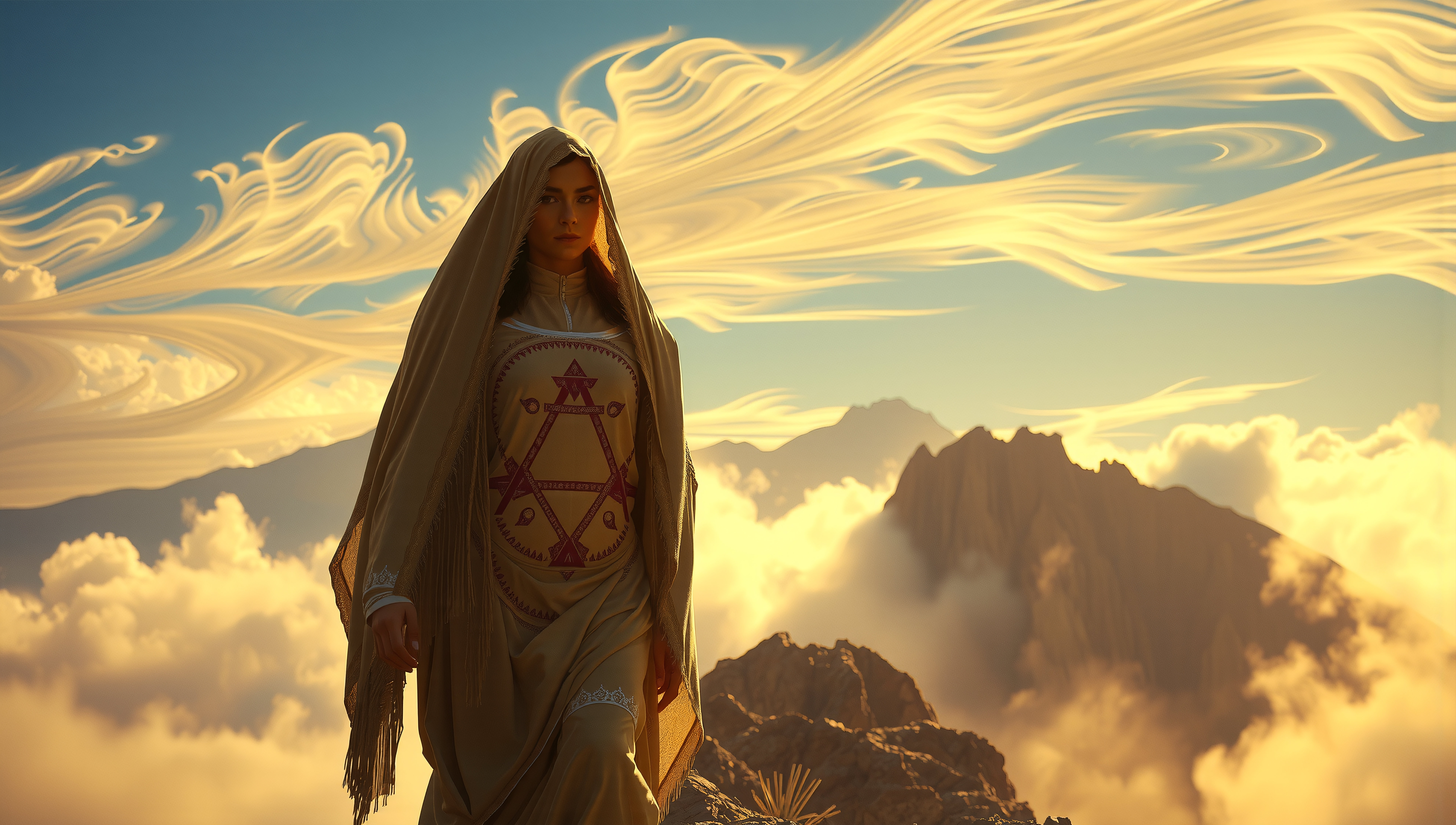 Mystical Figure Against Mountain Sunrise