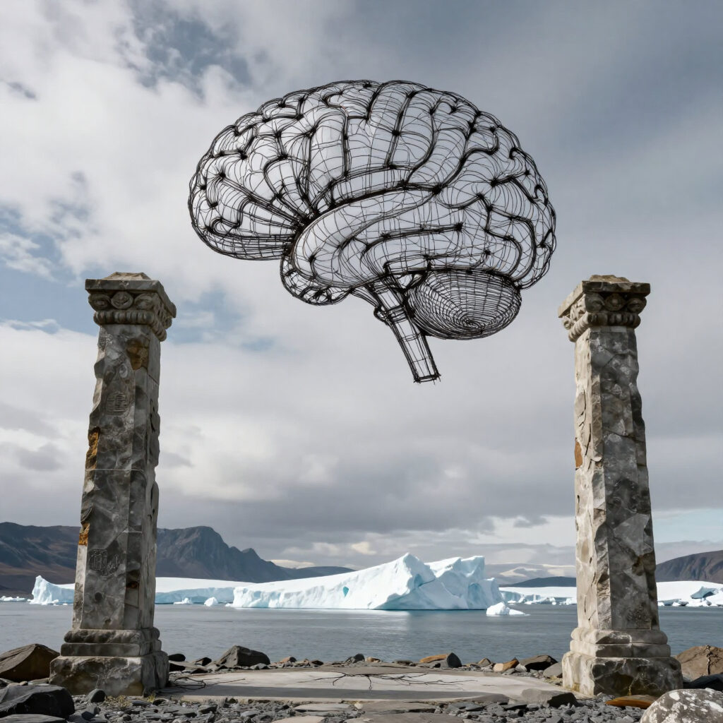 Brain Between Ancient Columns in Arctic Landscape