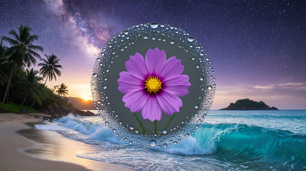 Galaxy Sunrise Beach with Purple Flower