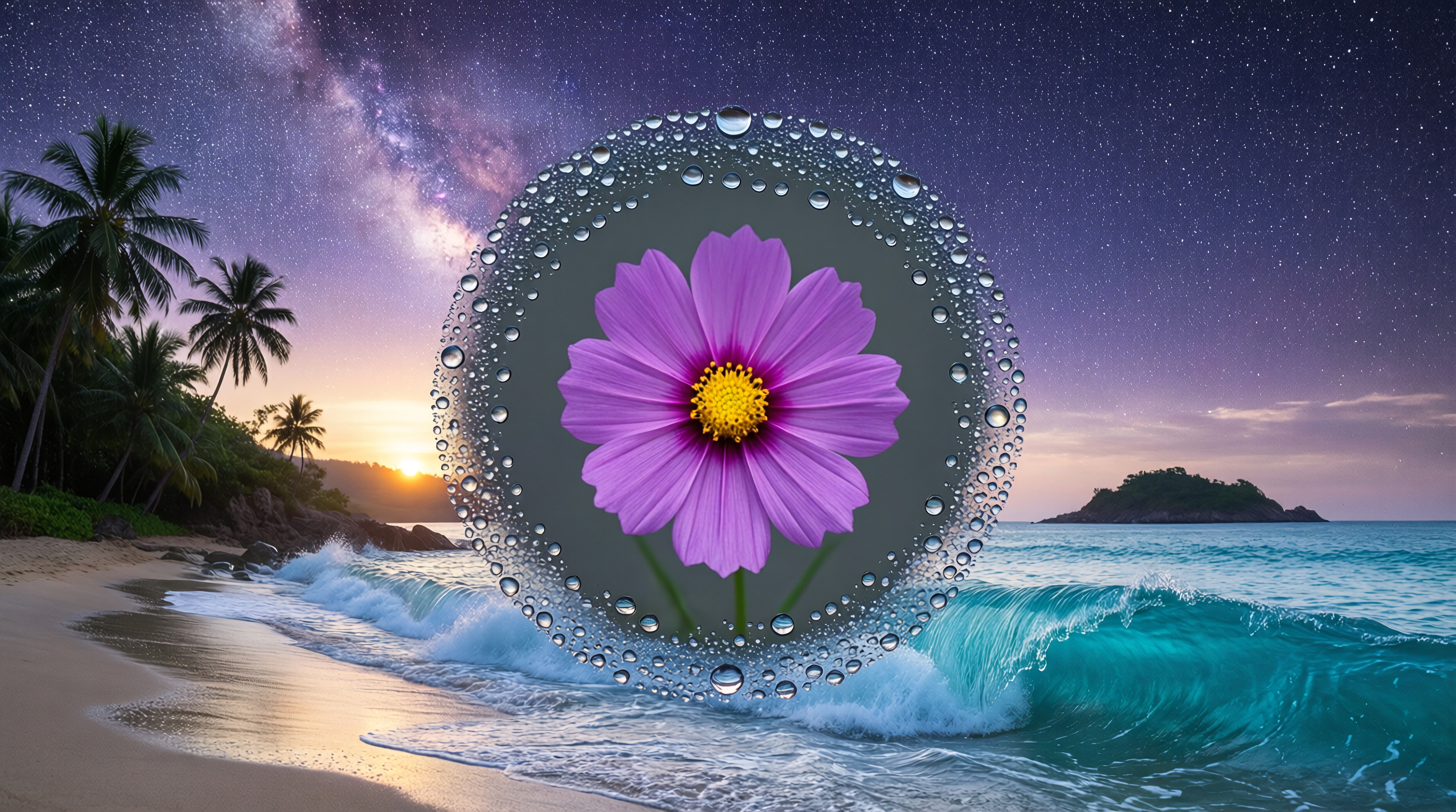 Galaxy Sunrise Beach with Vibrant Purple Flower in Droplet Frame