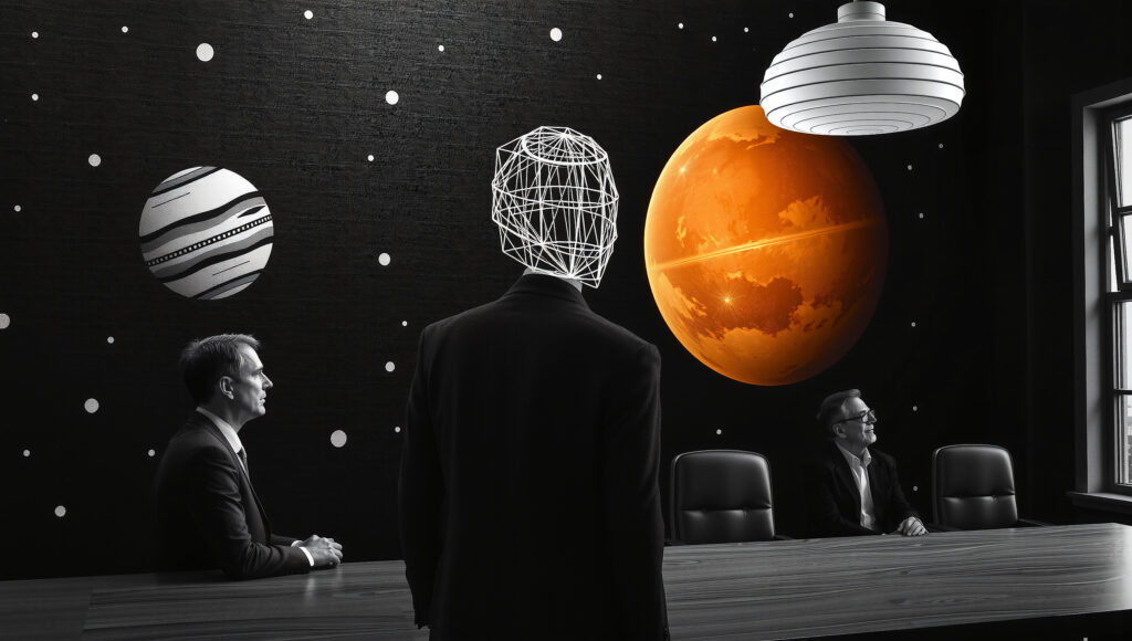 Surreal Business Meeting with Cosmic Planets