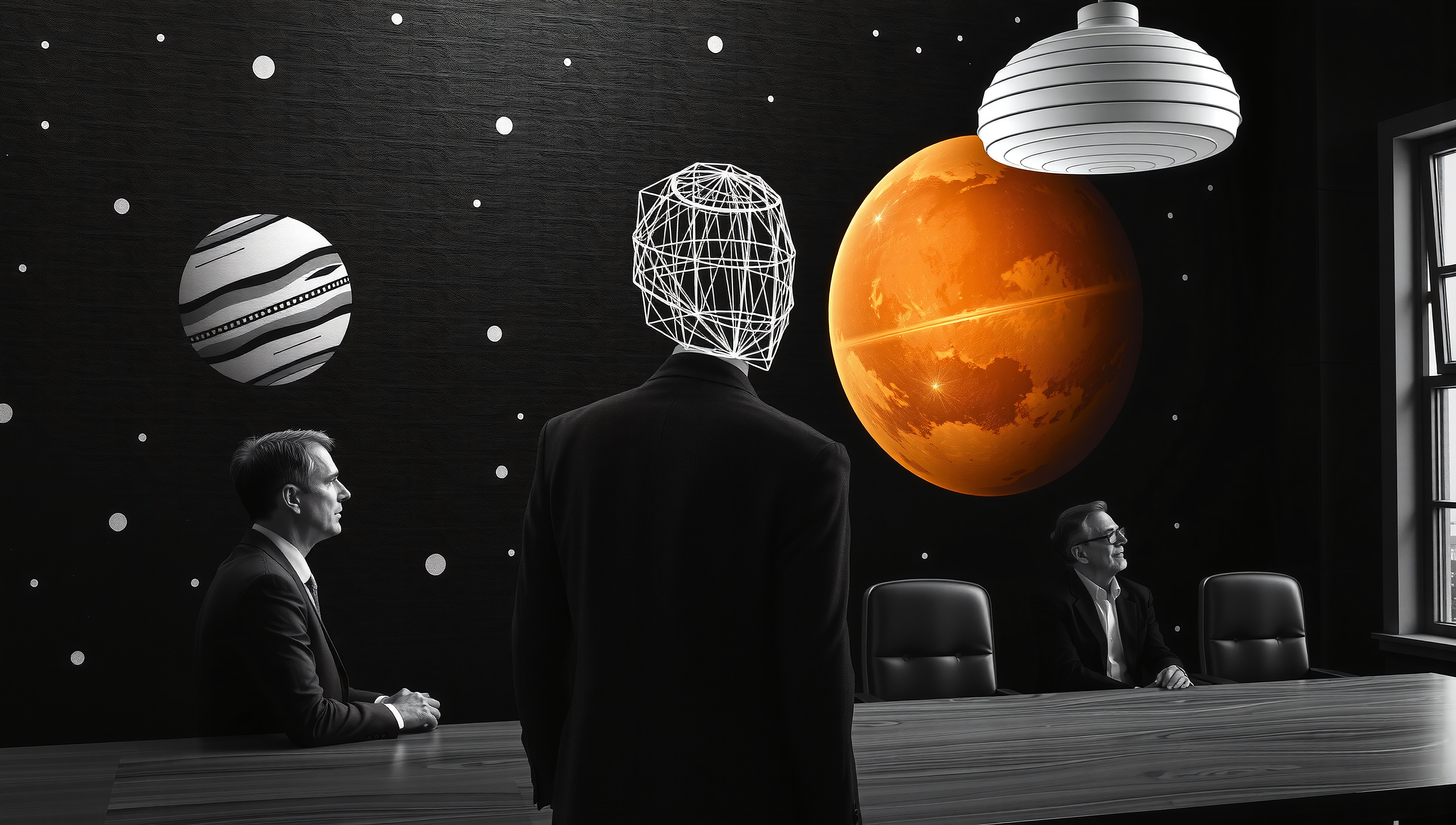 Surreal Business Meeting with Cosmic Planets in Modern Office