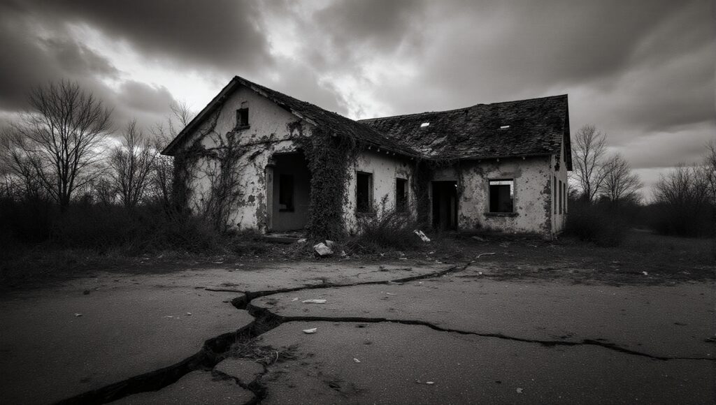 Abandoned House in Desolate Landscape - Black and White Photography