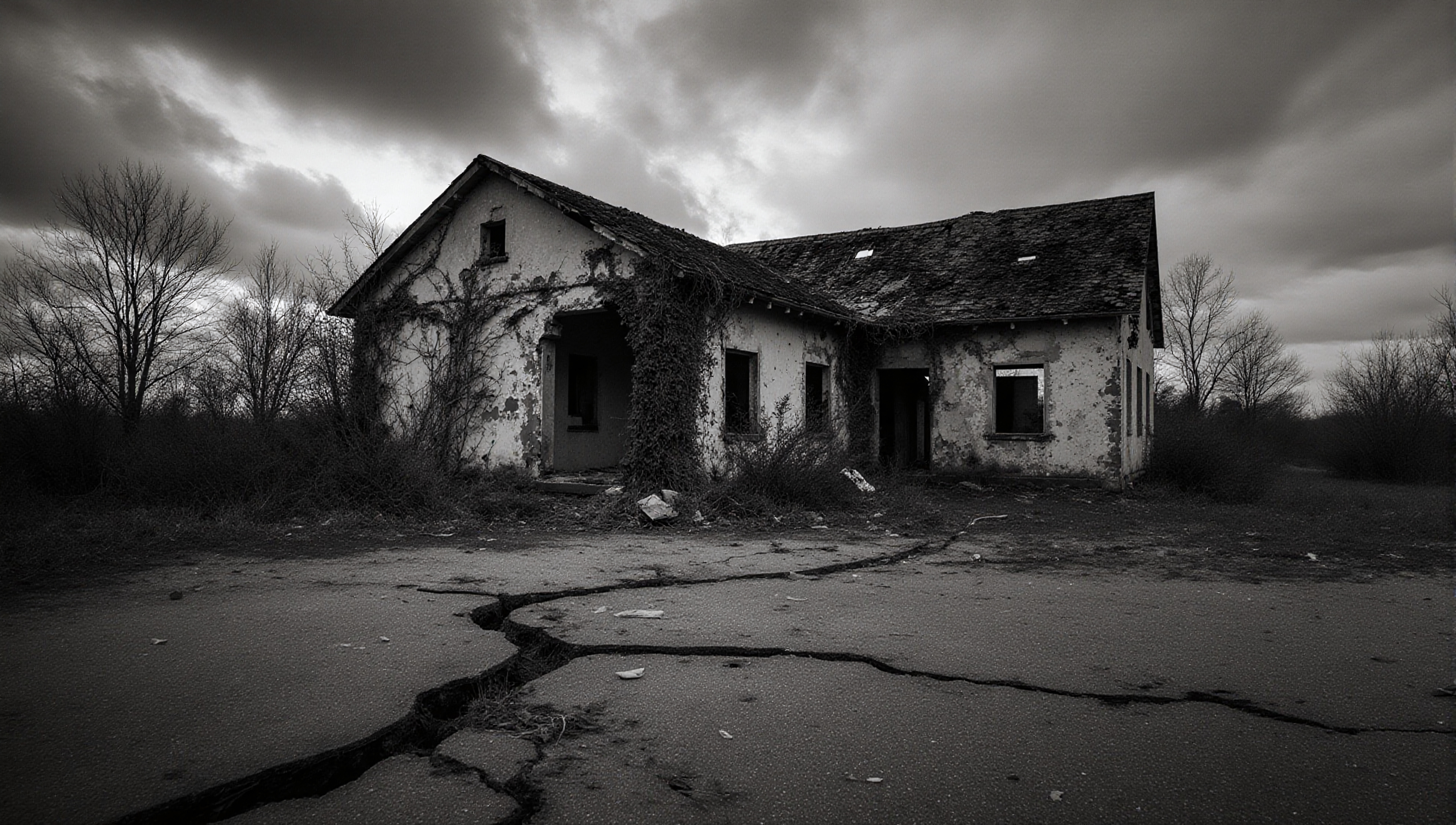 Abandoned House in Desolate Landscape - Black and White Photography