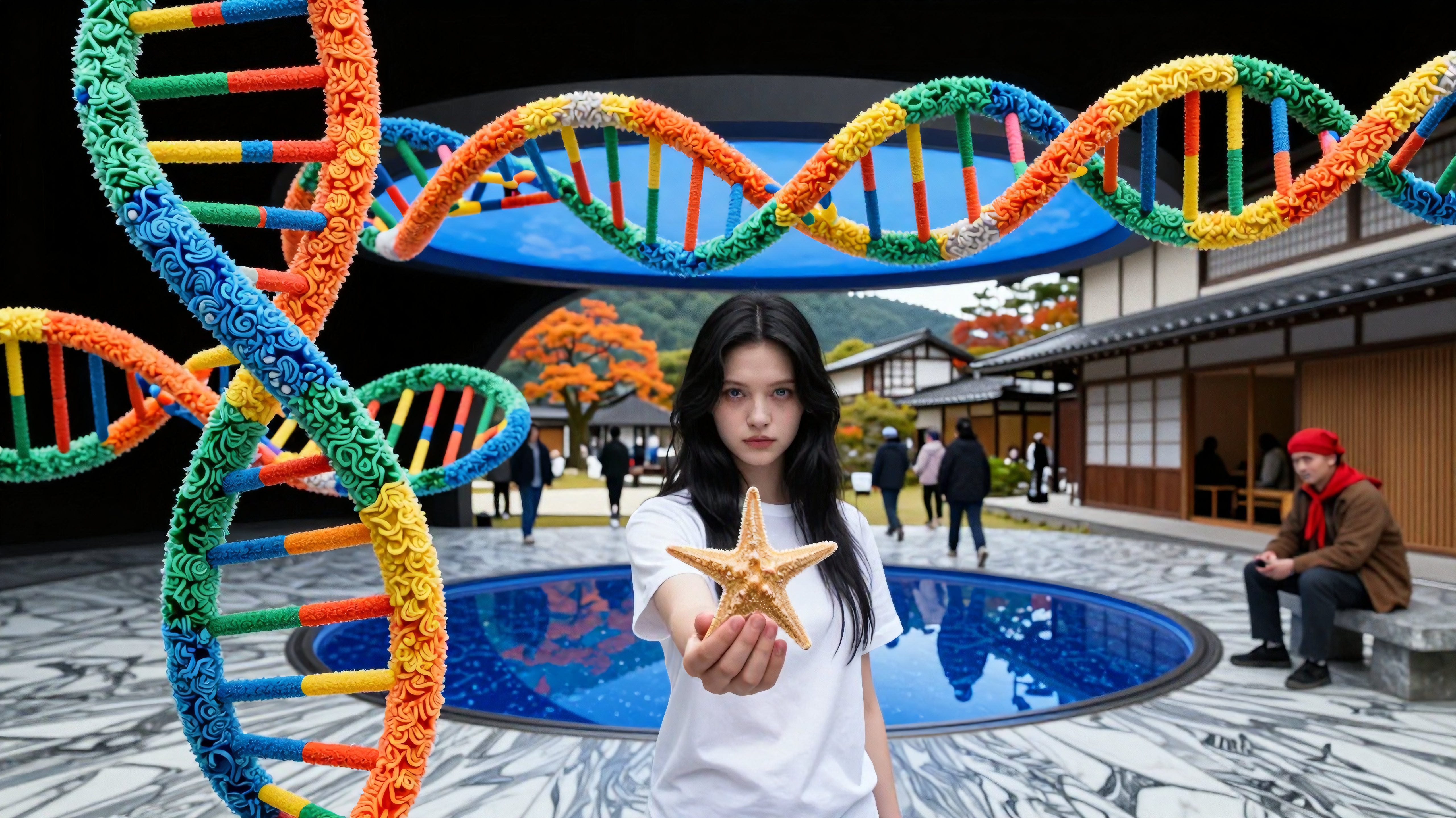 Vibrant DNA Helix and Starfish in Japanese Courtyard