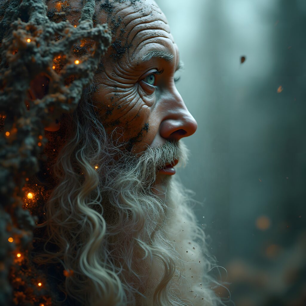Mystical Elderly Forest Guardian with Glowing Tree Details
