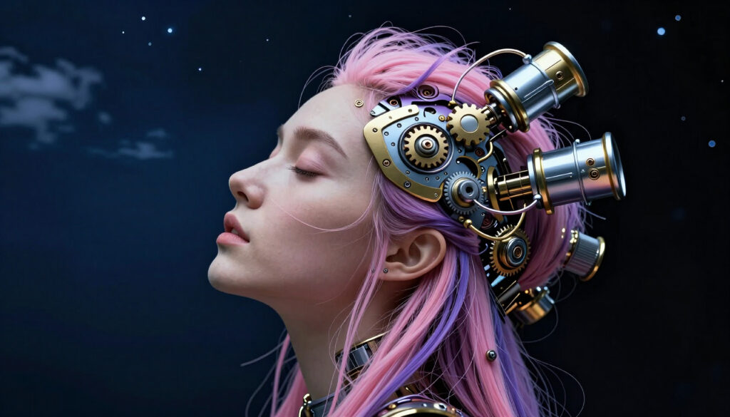 Steampunk woman with brass gears headgear against starry night background
