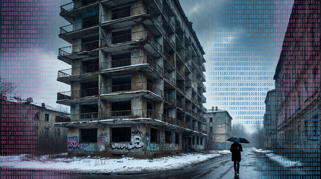 Abandoned Apartment Complex in Snowy Urban Scene with Binary Code Overlay