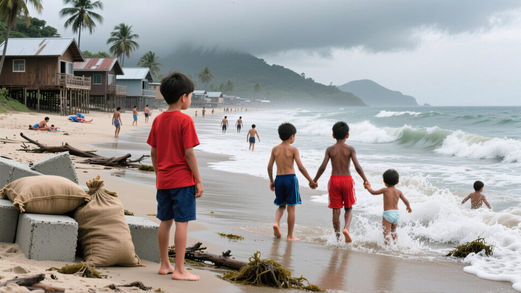 Children holding hands on tropical beach with stormy ocean waves
