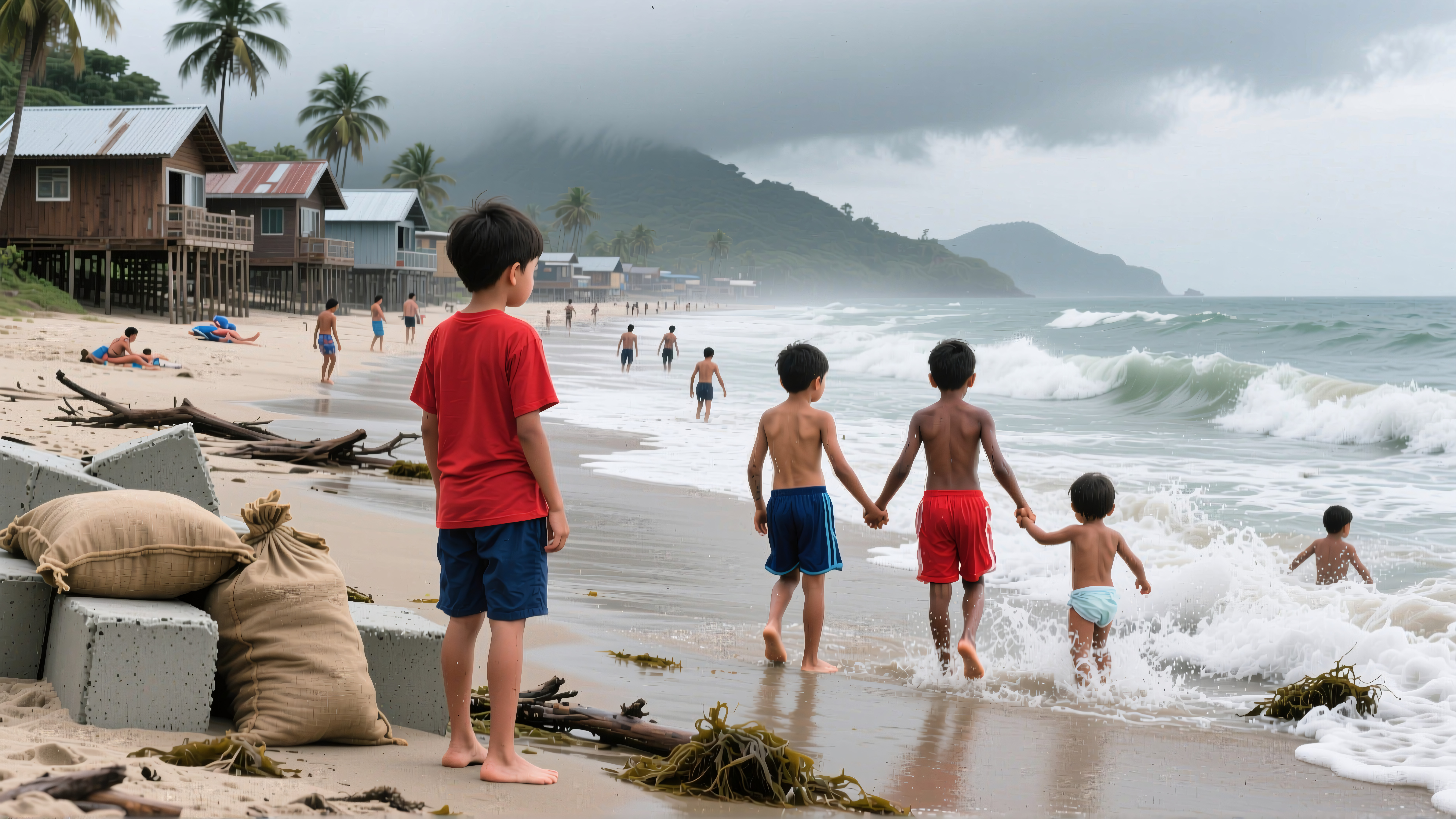 Children holding hands on tropical beach with stormy ocean waves