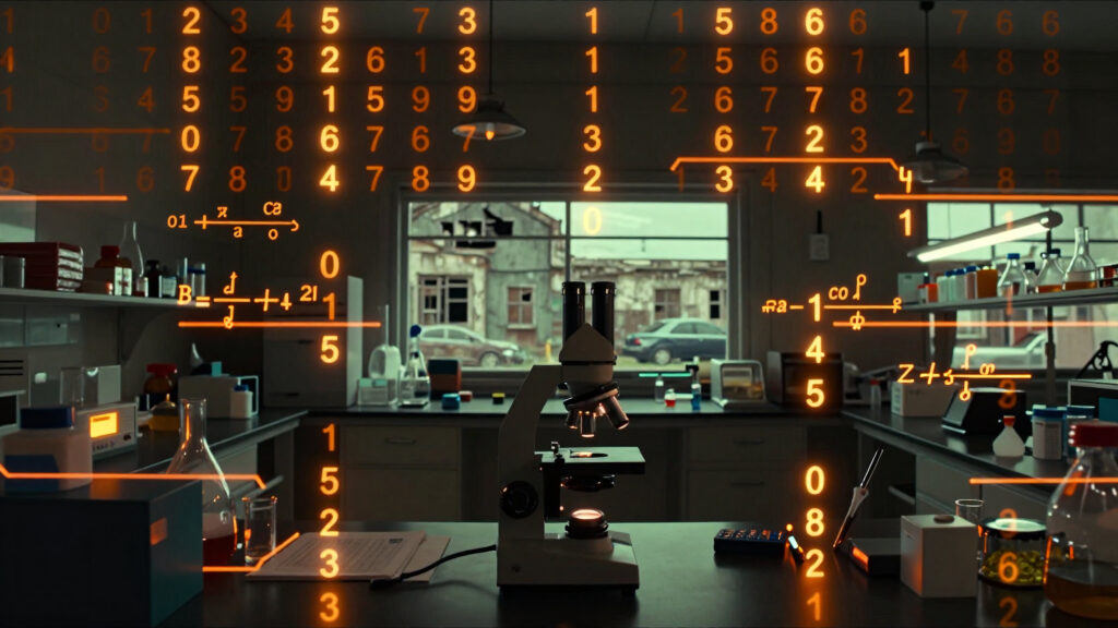 Laboratory with Glowing Data Overlays