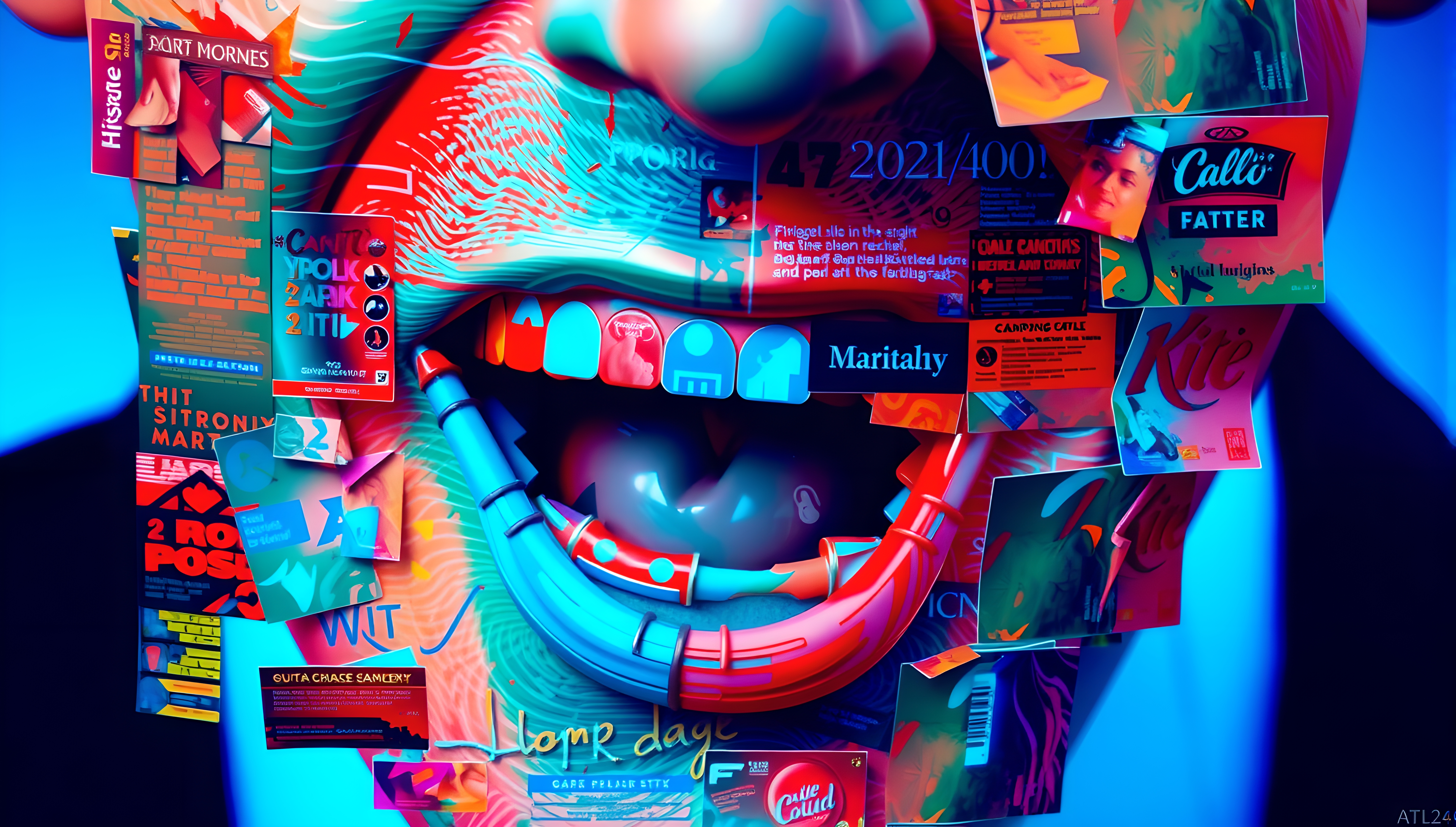 Abstract Digital Portrait with Collage Stickers and Neon Color Palette