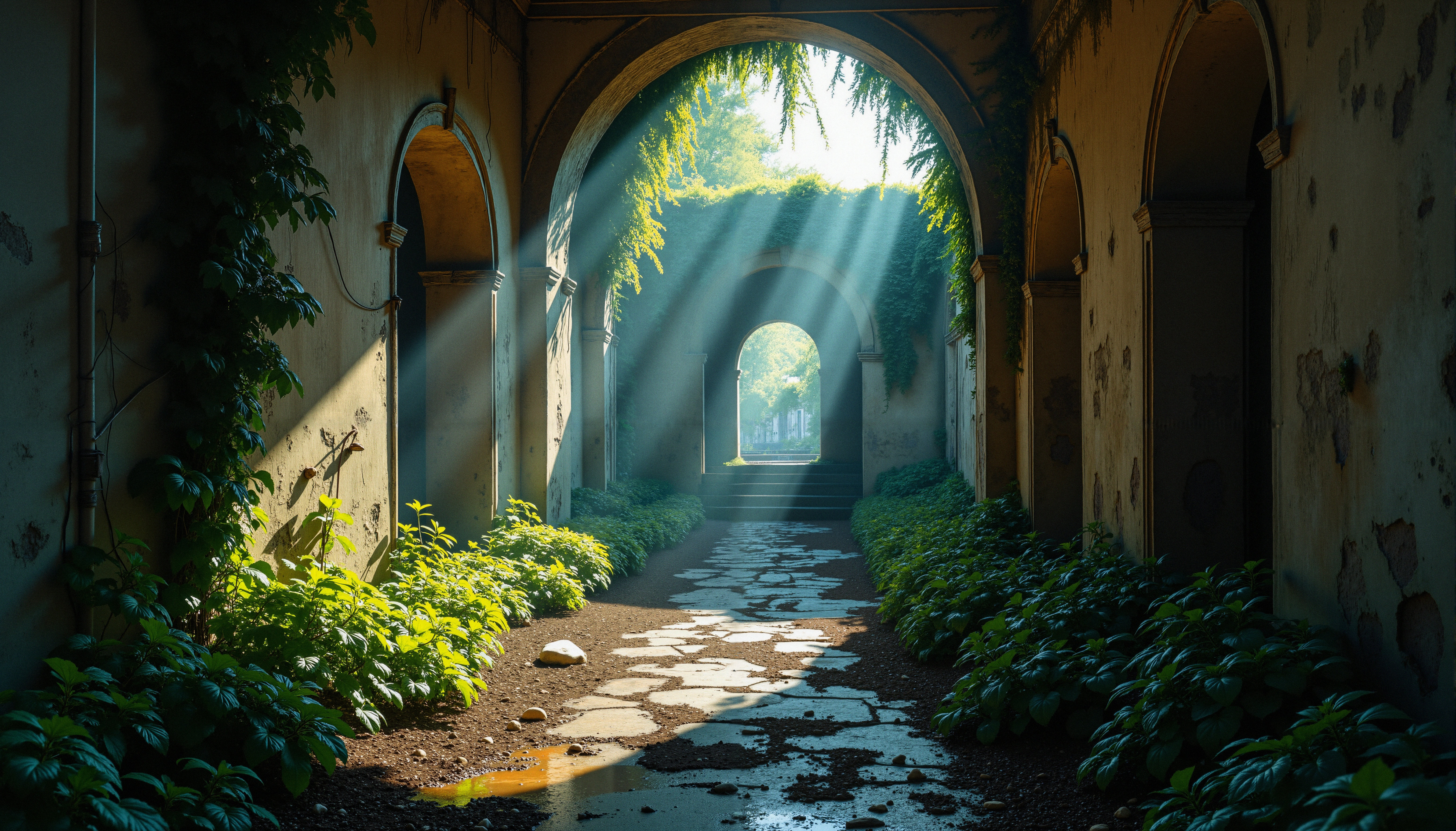 Sunlit Overgrown Arches in Historic Courtyard with Stone Pathway