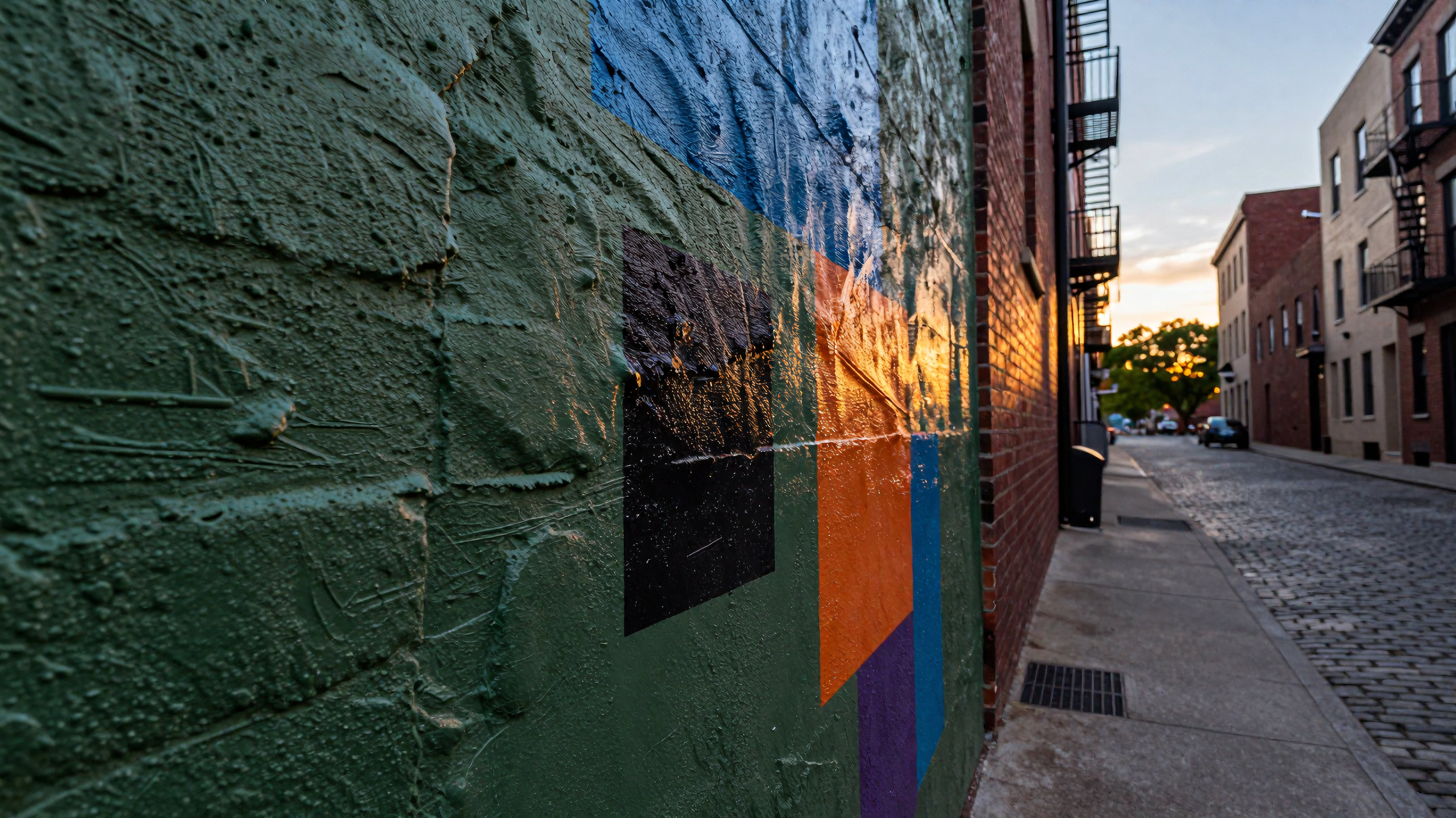 Urban Alley with Geometric Graffiti and Sunset Light
