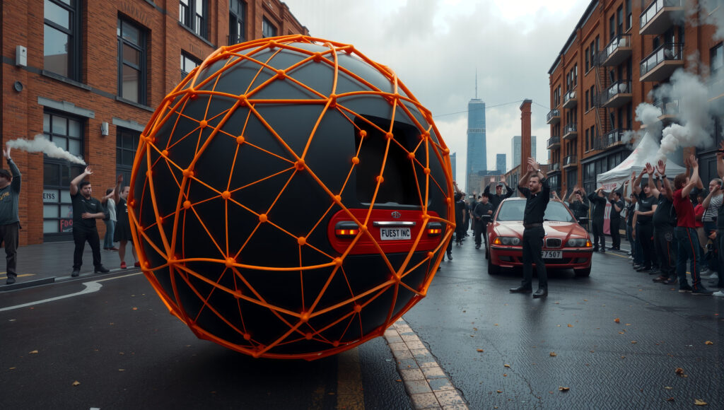 Urban Street Scene with Spherical Structure and Celebratory Crowd