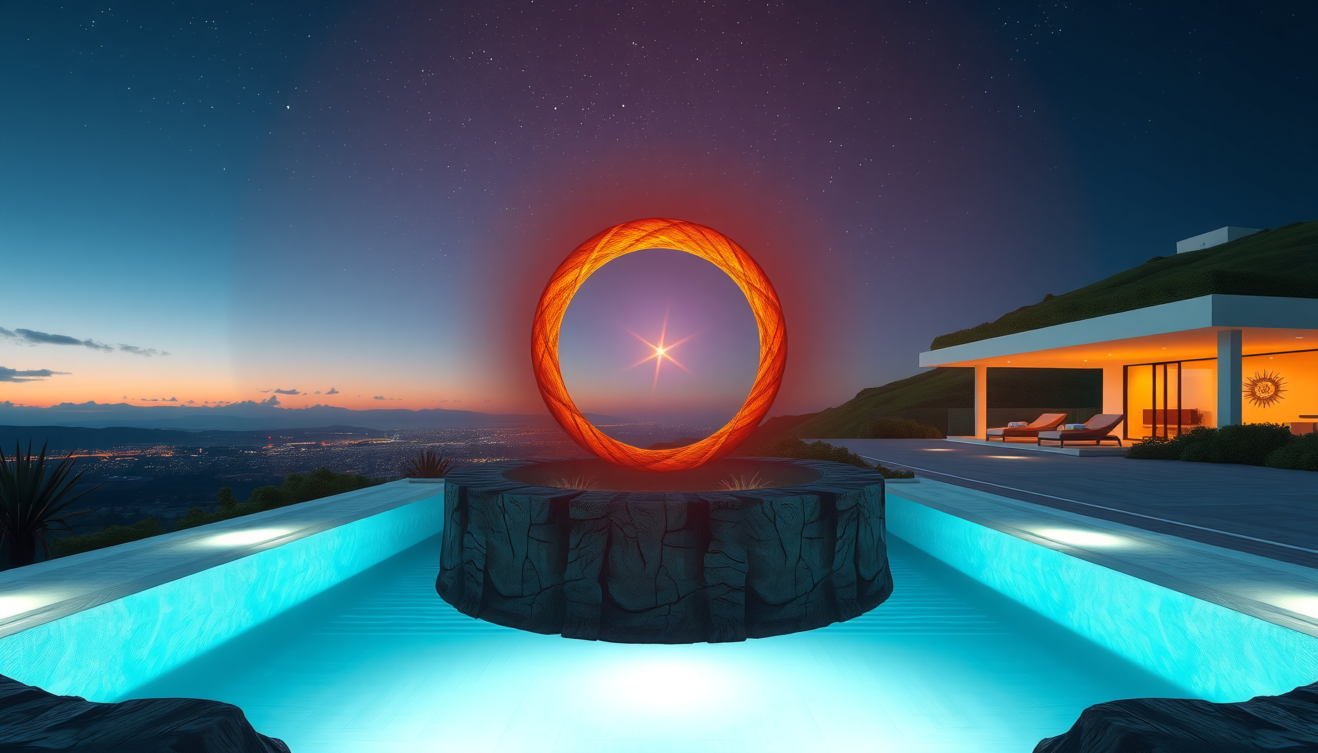 Twilight Infinity Pool with Celestial Ring and Modern Villa
