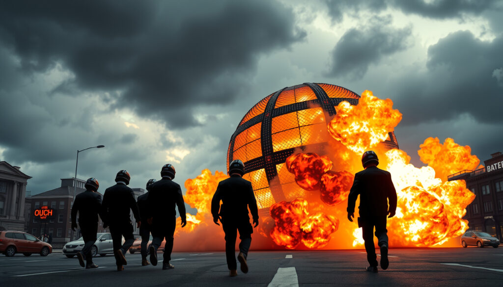 Silhouetted Professionals Approaching Fiery Industrial Explosion in Urban Setting